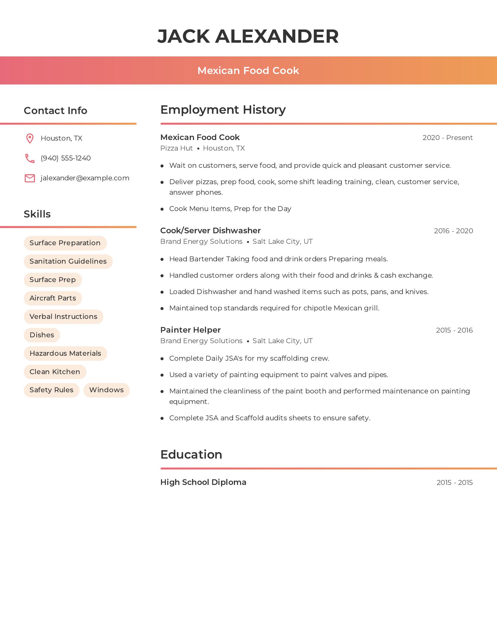 Mexican Food Cook resume example