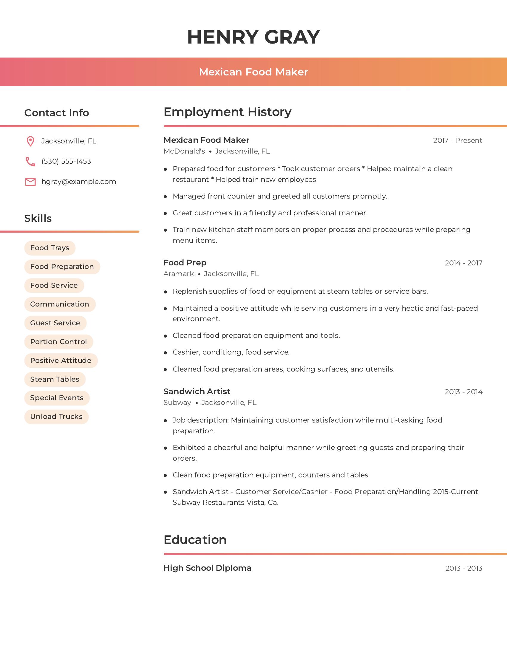 Mexican Food Maker resume example