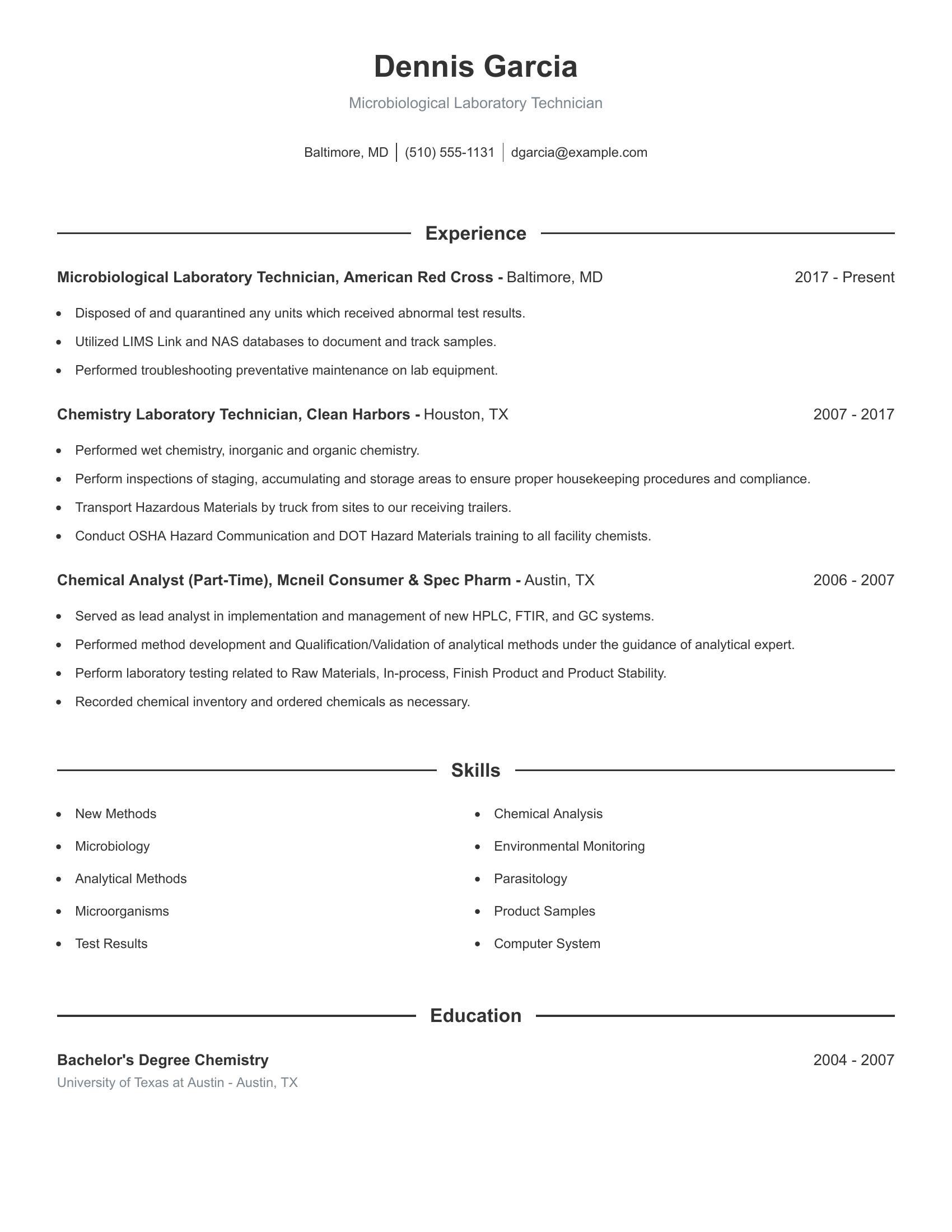 Microbiological Laboratory Technician resume example