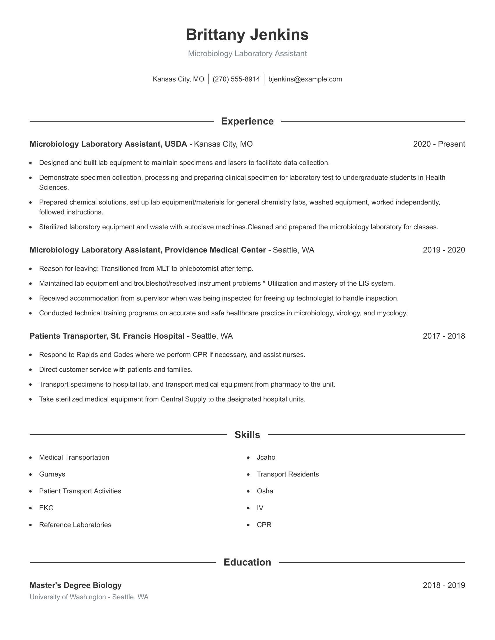 Microbiology Laboratory Assistant resume example