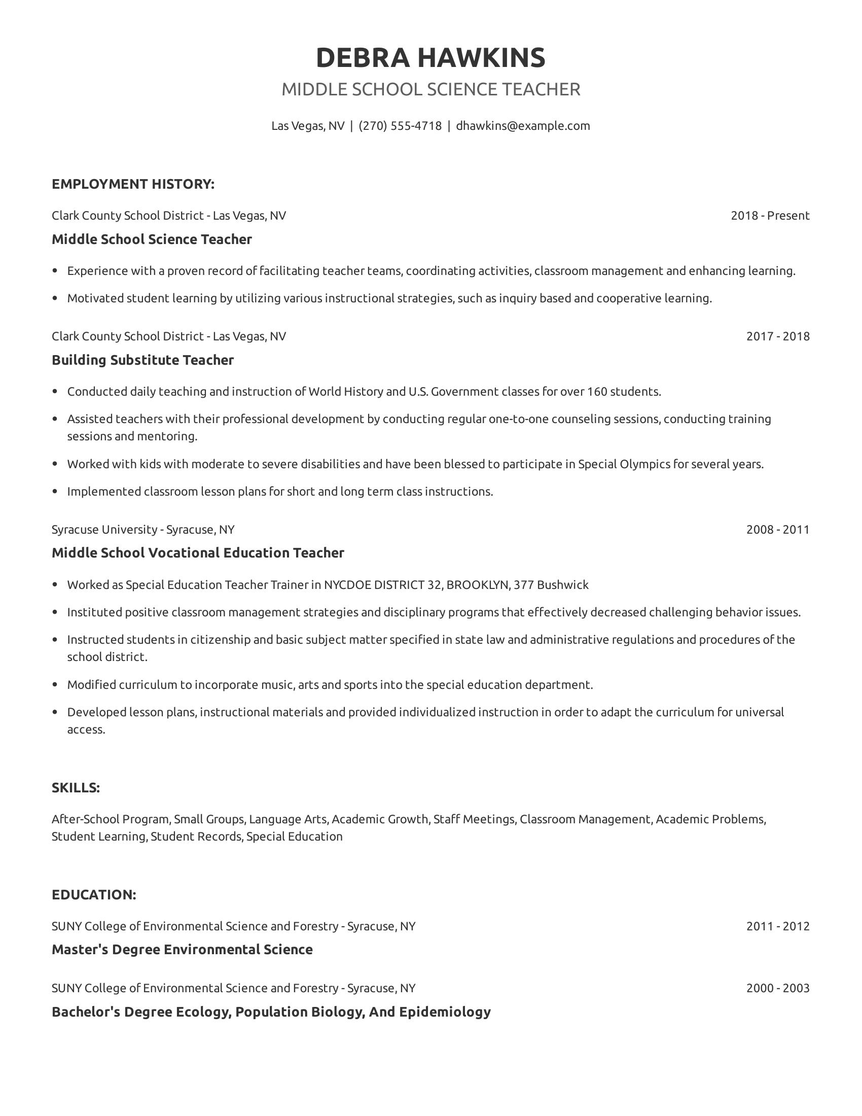 Middle School Science Teacher resume example