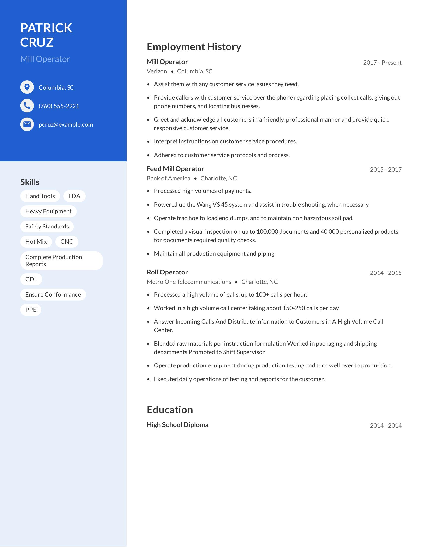Mill Operator resume example