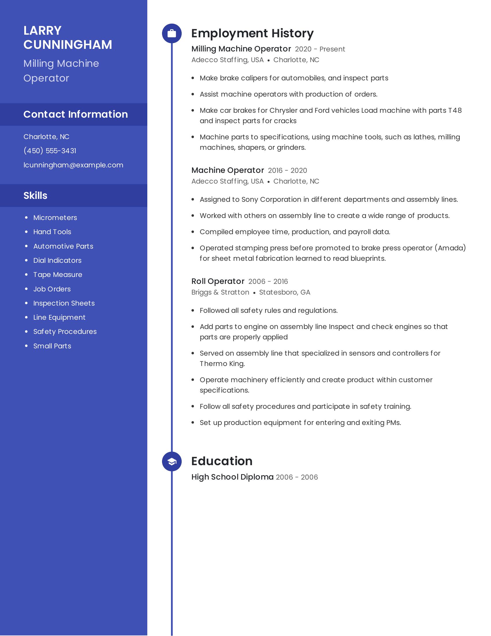 Milling Machine Operator resume example