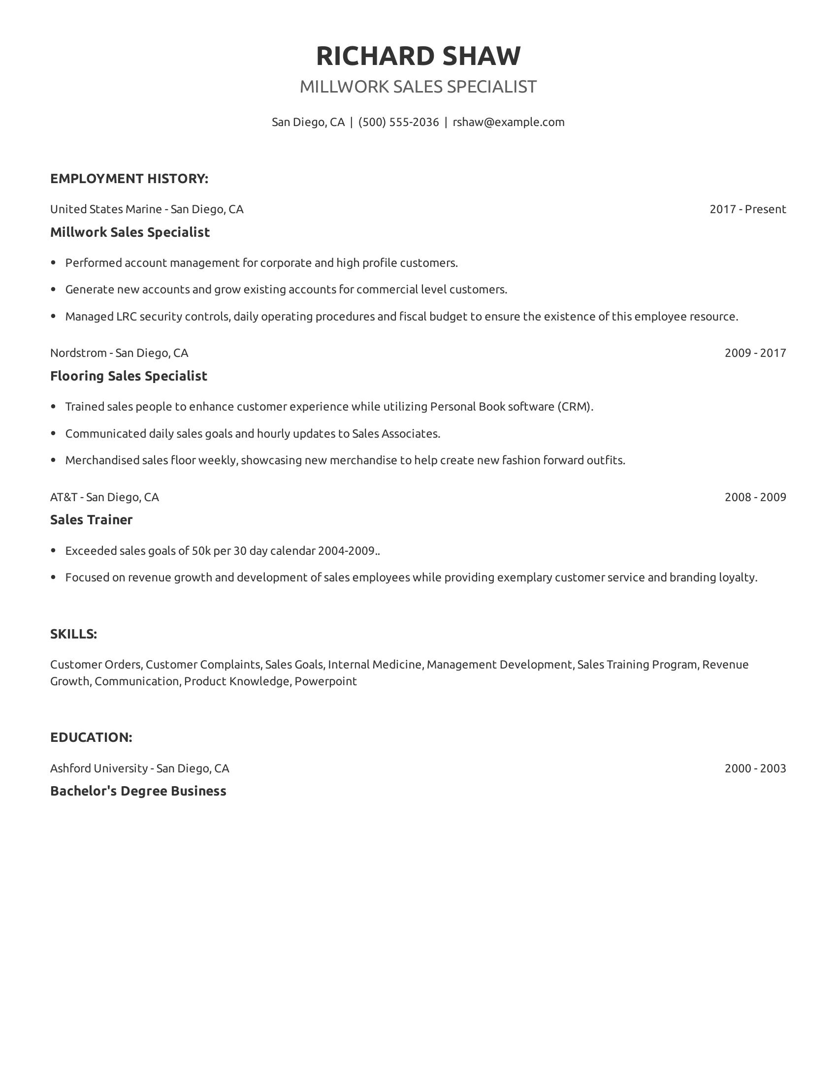 Millwork Sales Specialist resume example