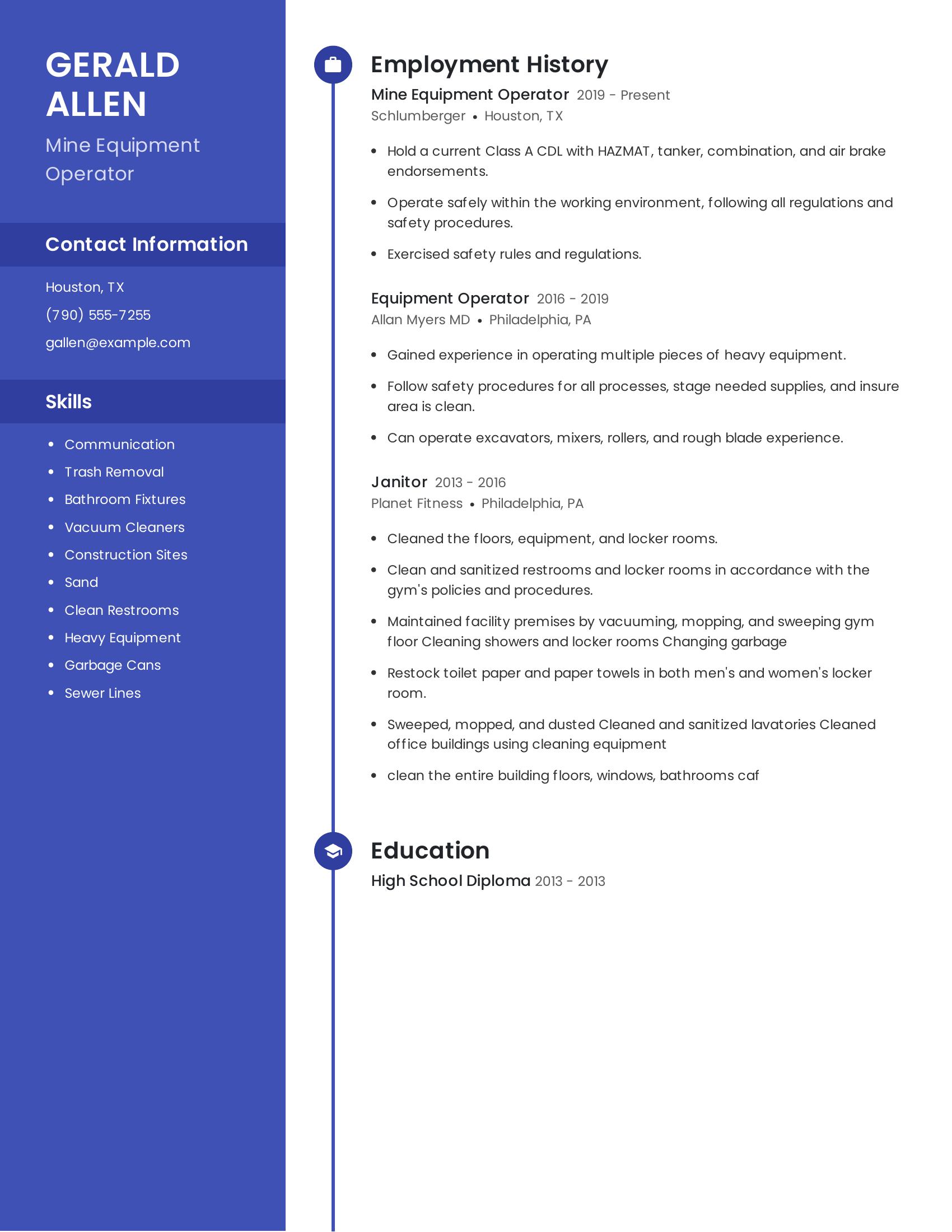 Mine Equipment Operator resume example