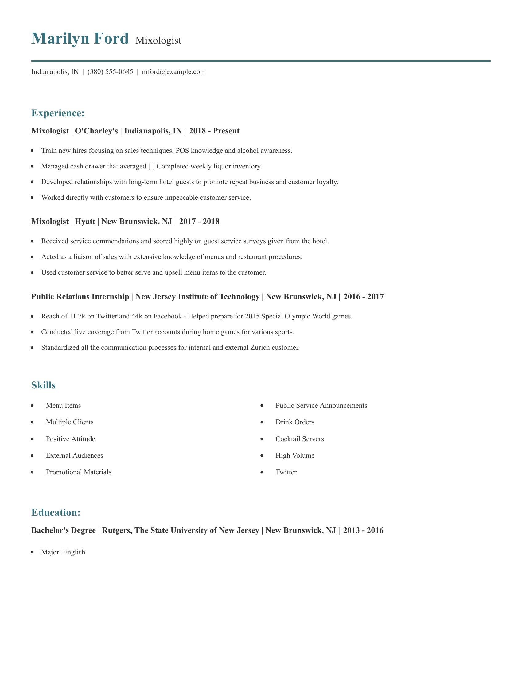 Mixologist resume example