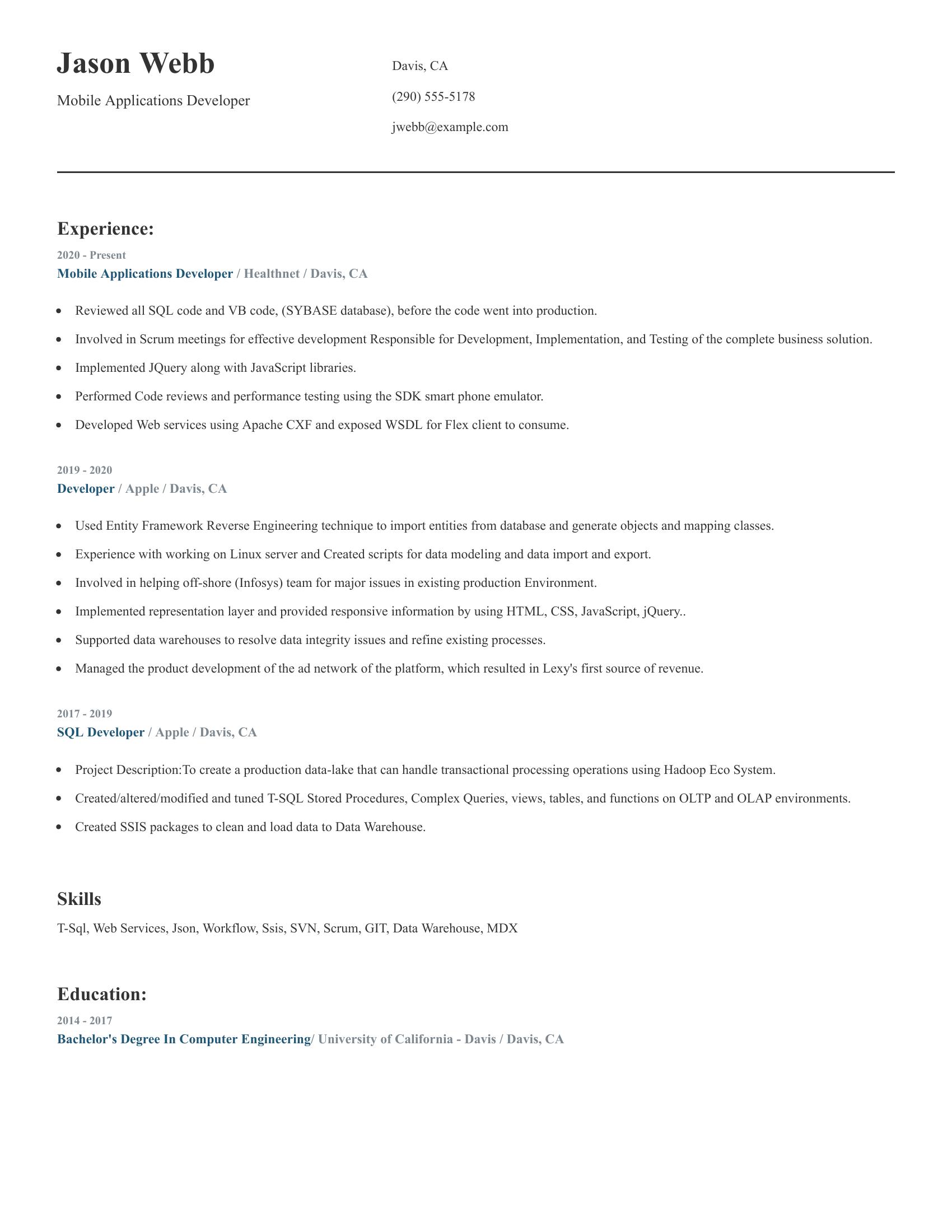 Mobile Applications Developer resume example