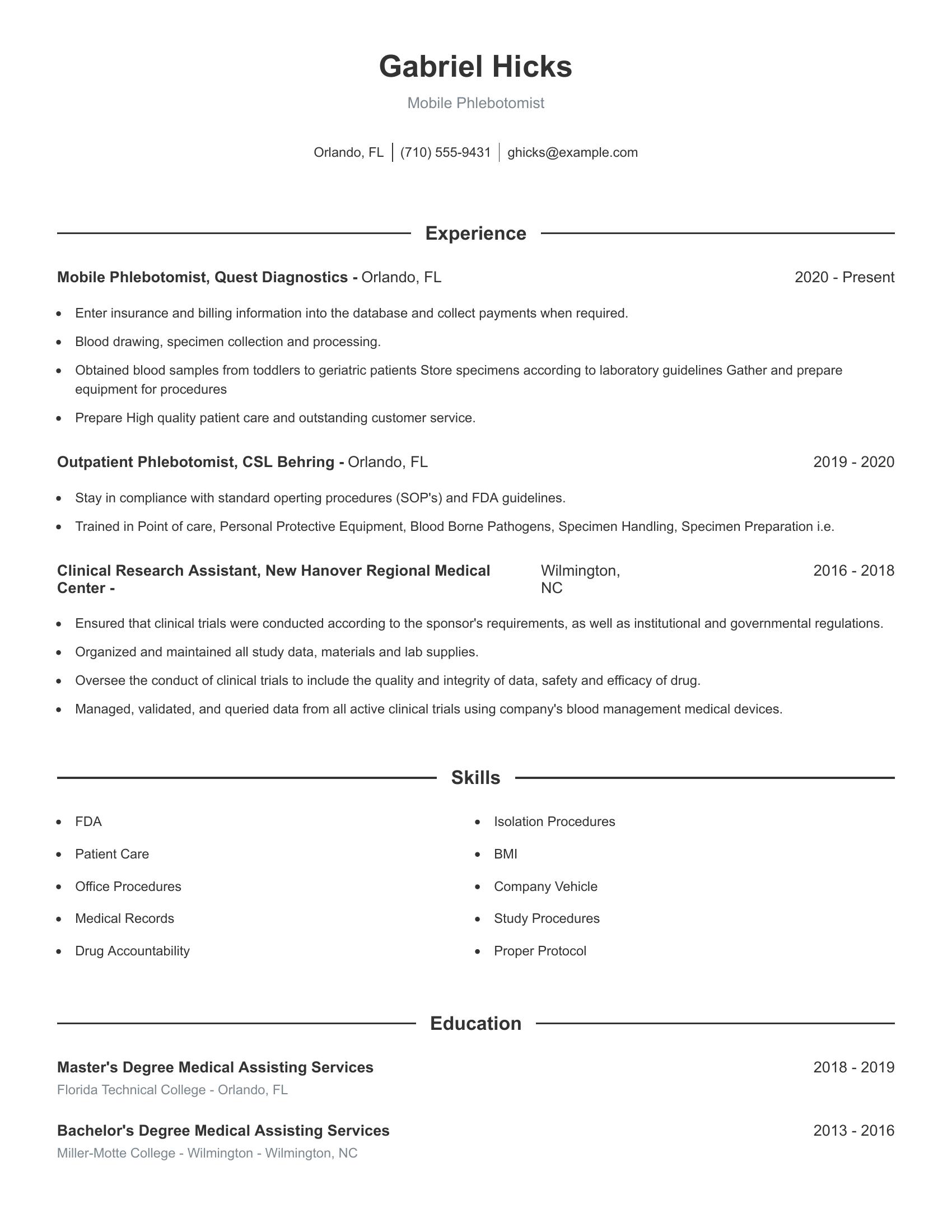 Mobile Phlebotomist resume example