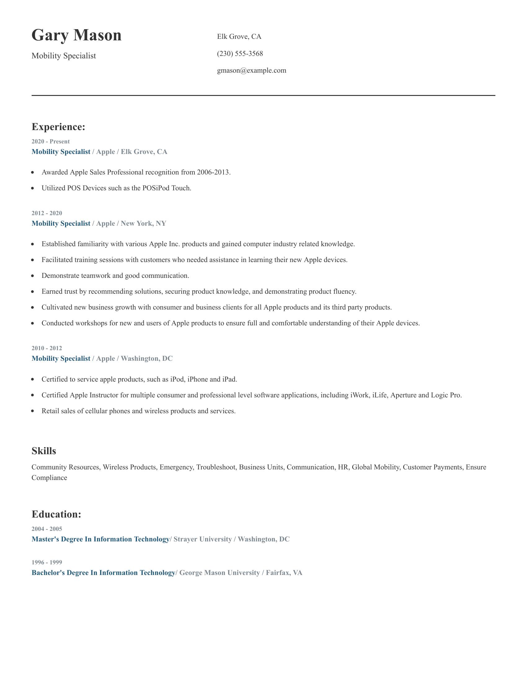 Mobility Specialist resume example