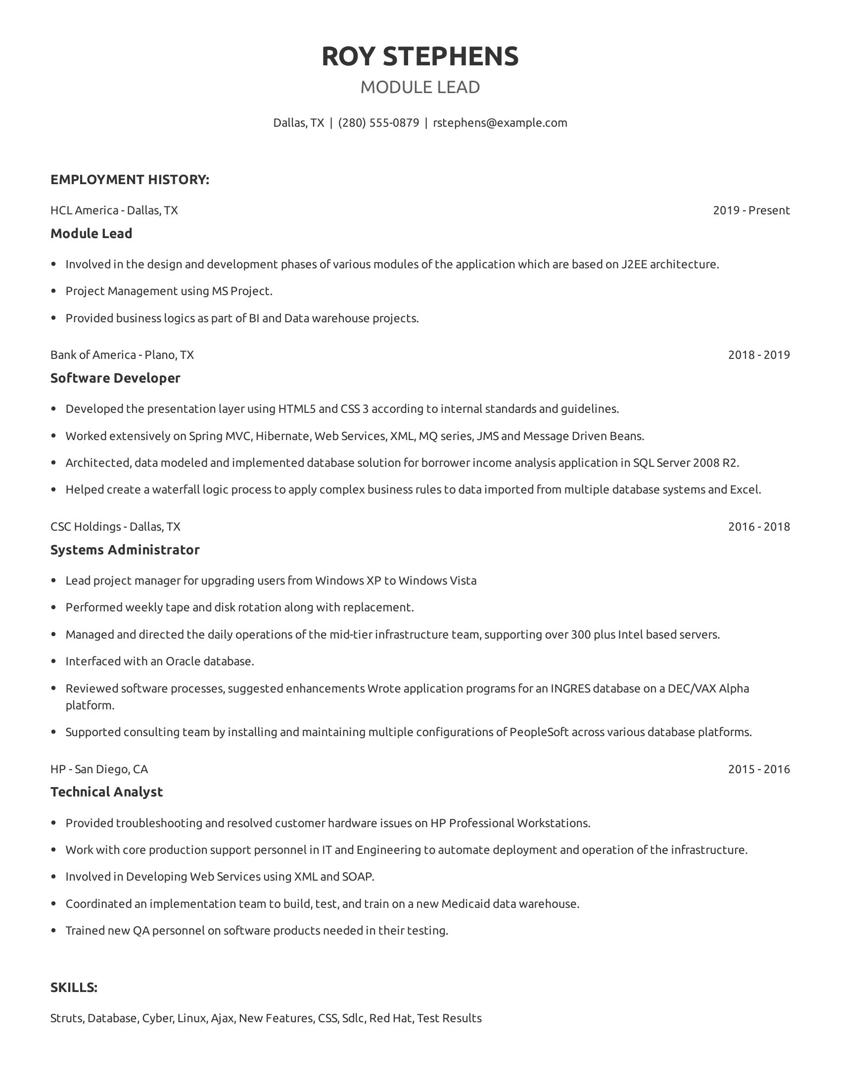 Module Lead resume example