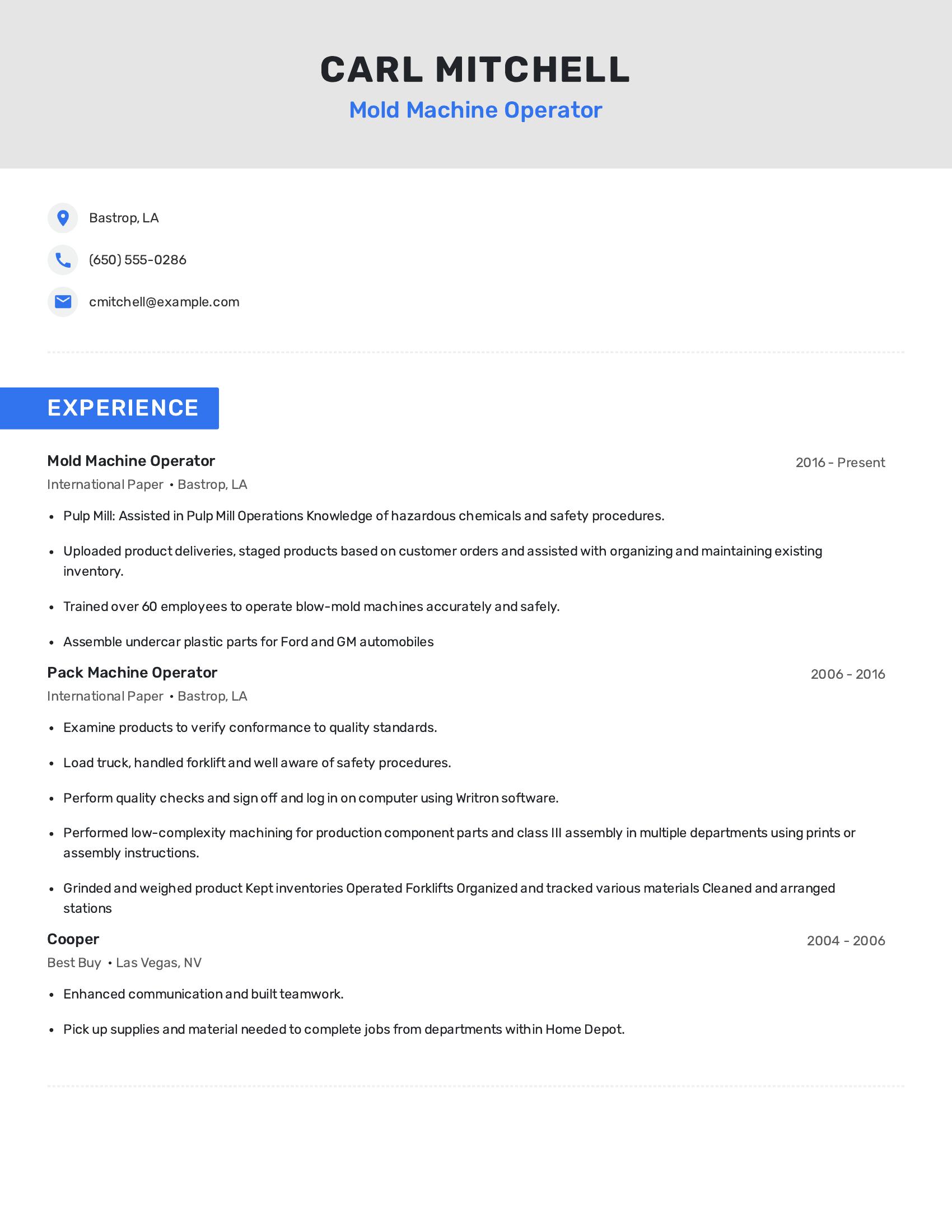 Mold Machine Operator resume example