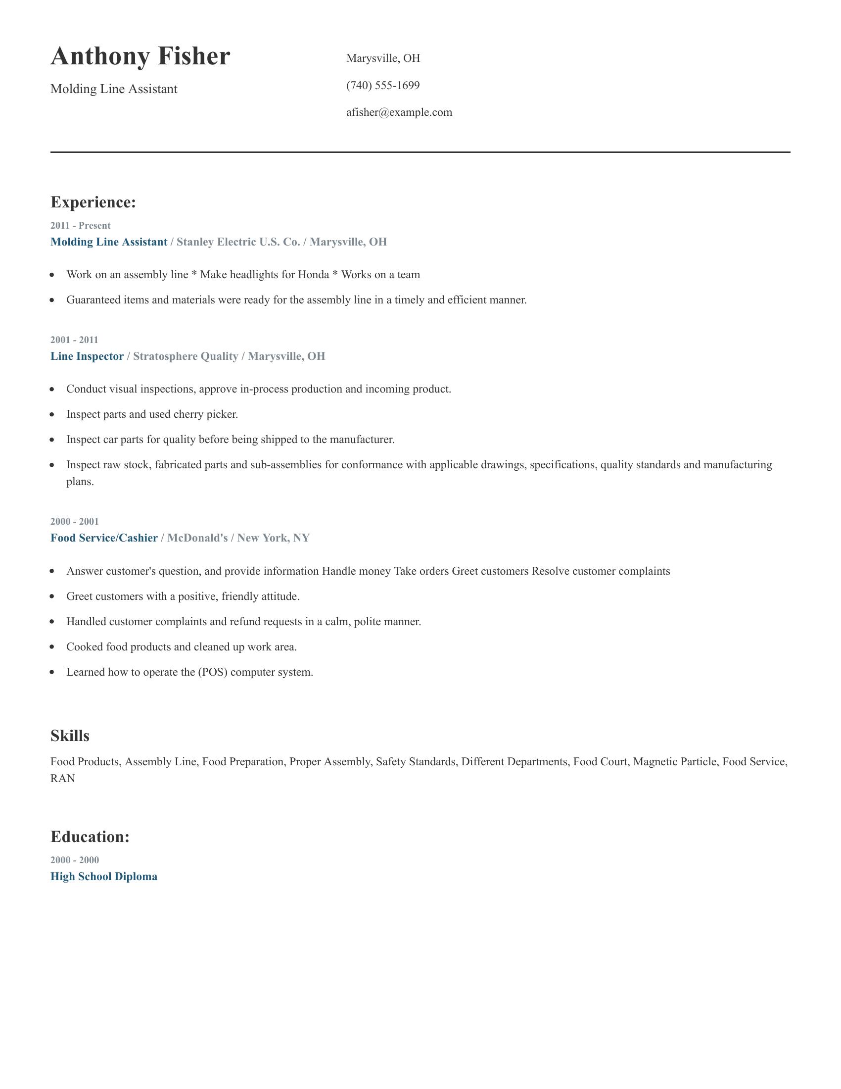 Molding Line Assistant resume example