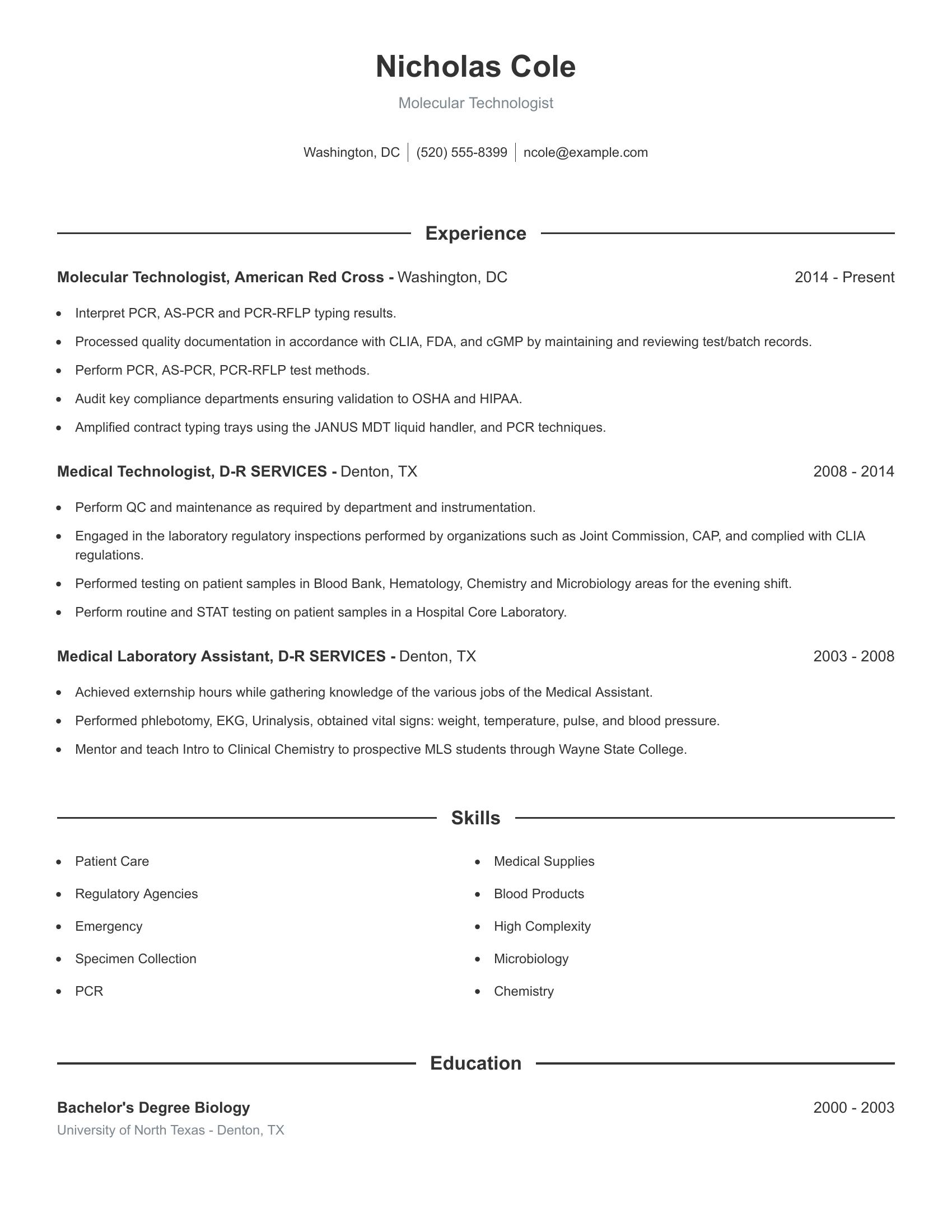 Molecular Technologist resume example