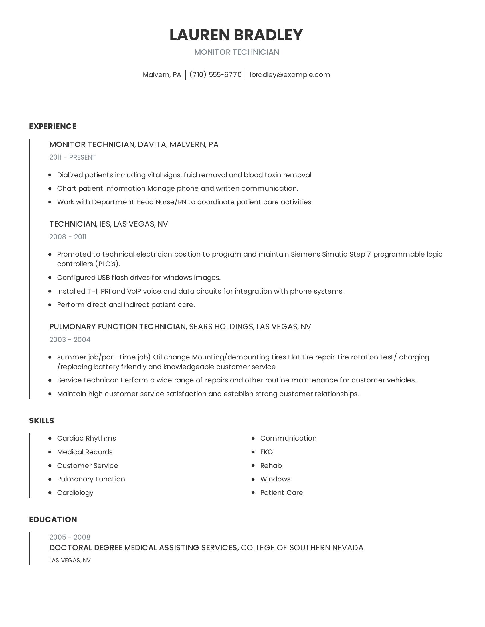 Monitor Technician resume example