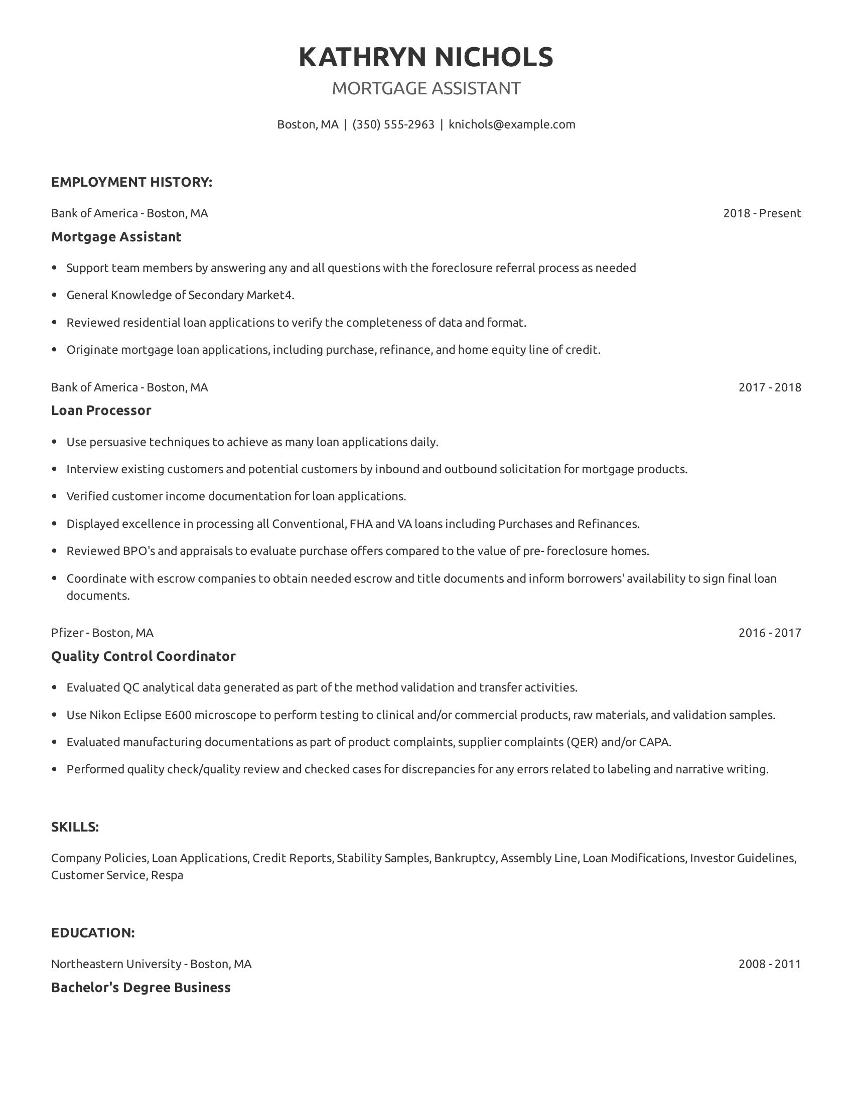 Mortgage Assistant resume example