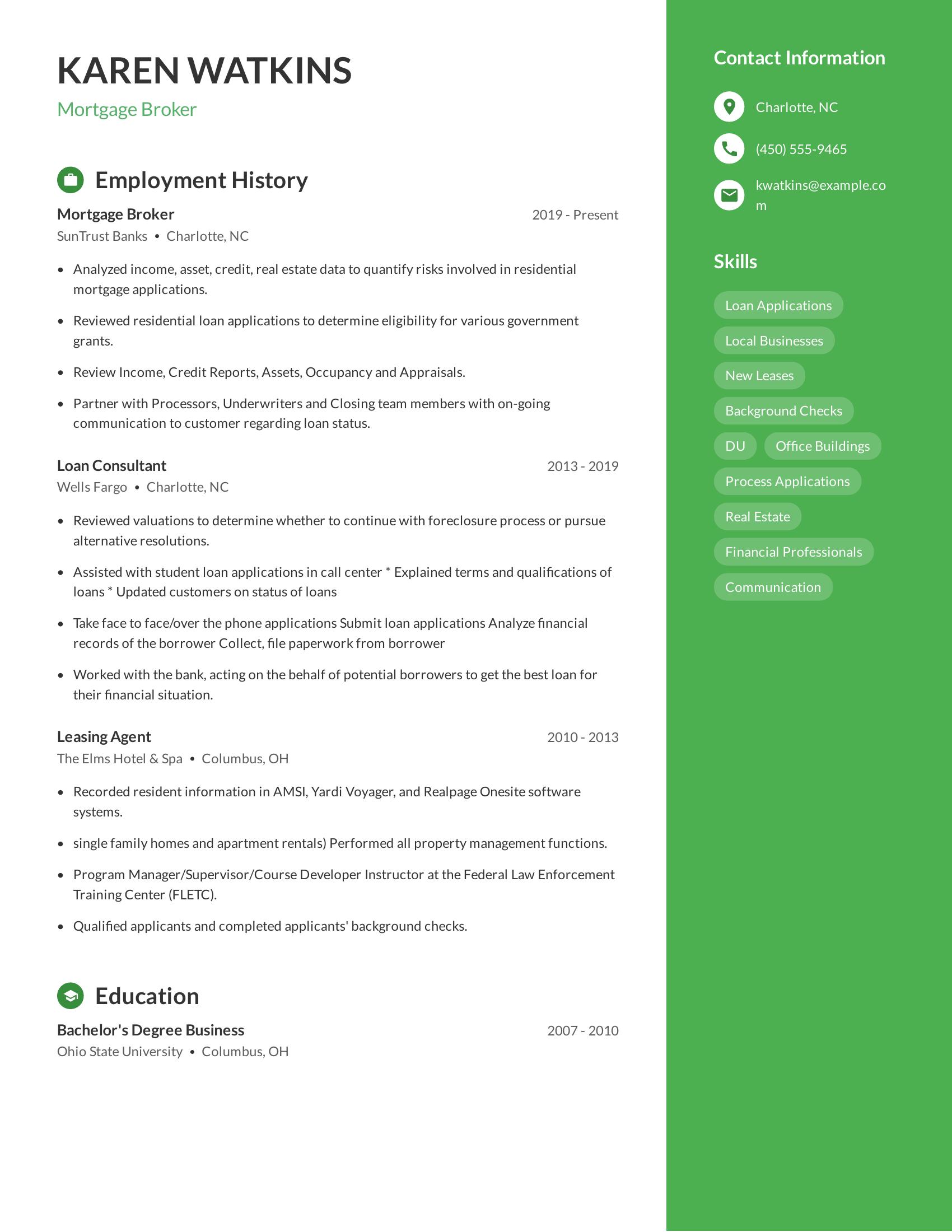 Mortgage Broker resume example