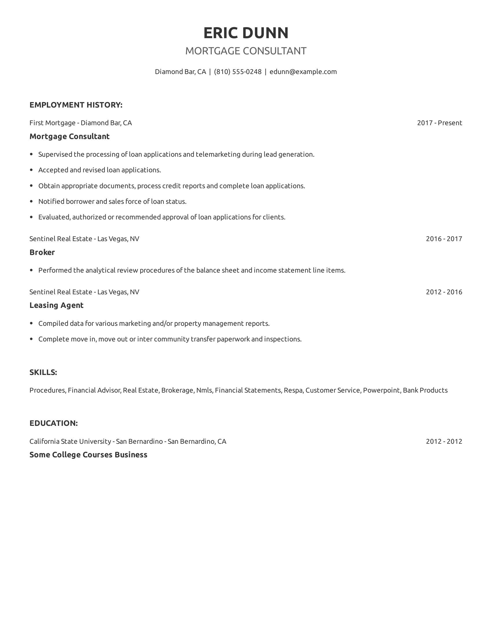 Mortgage Consultant resume example