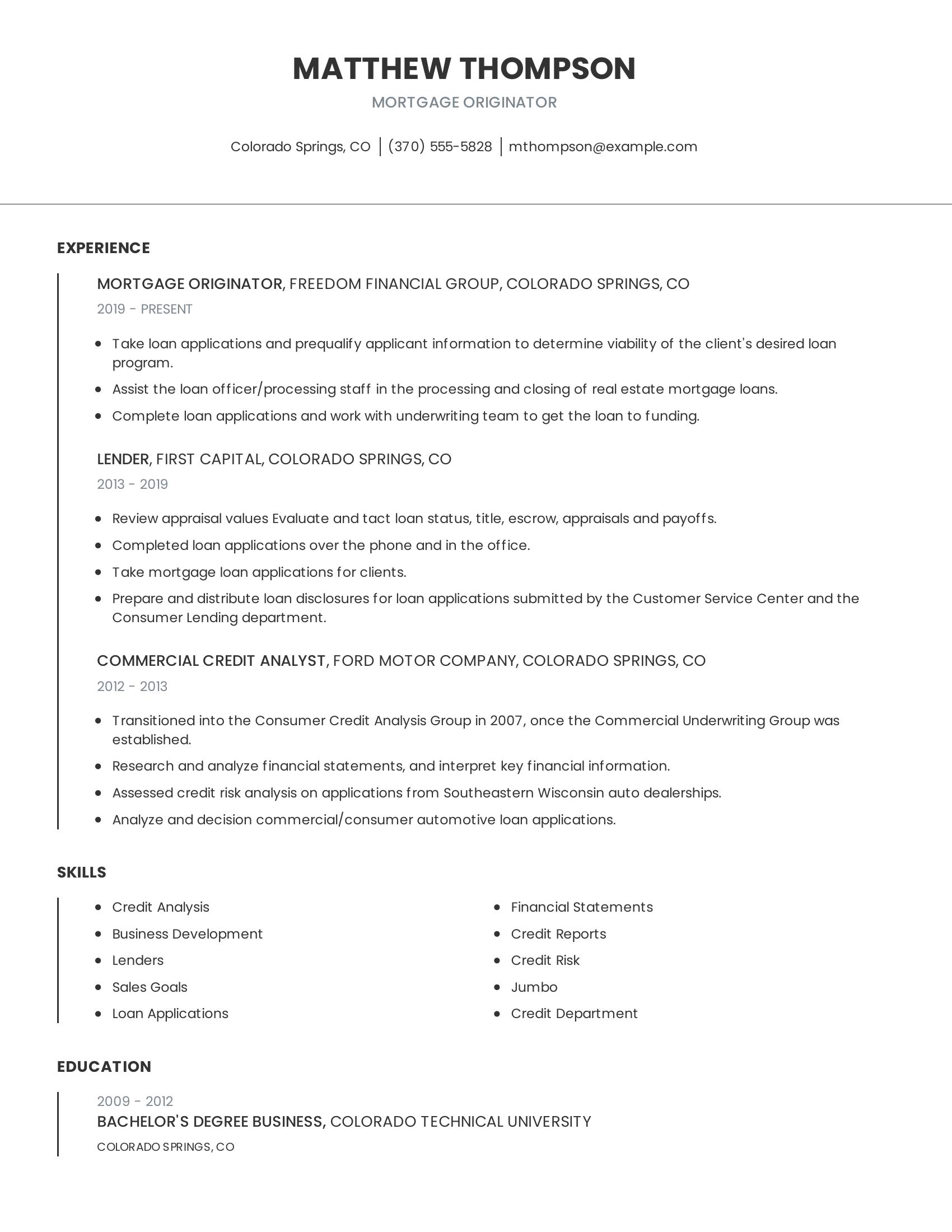 Mortgage Originator resume example