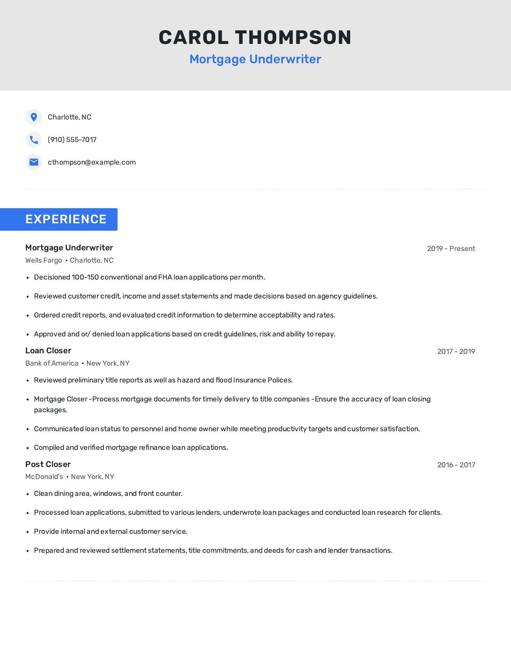Mortgage Underwriter resume example