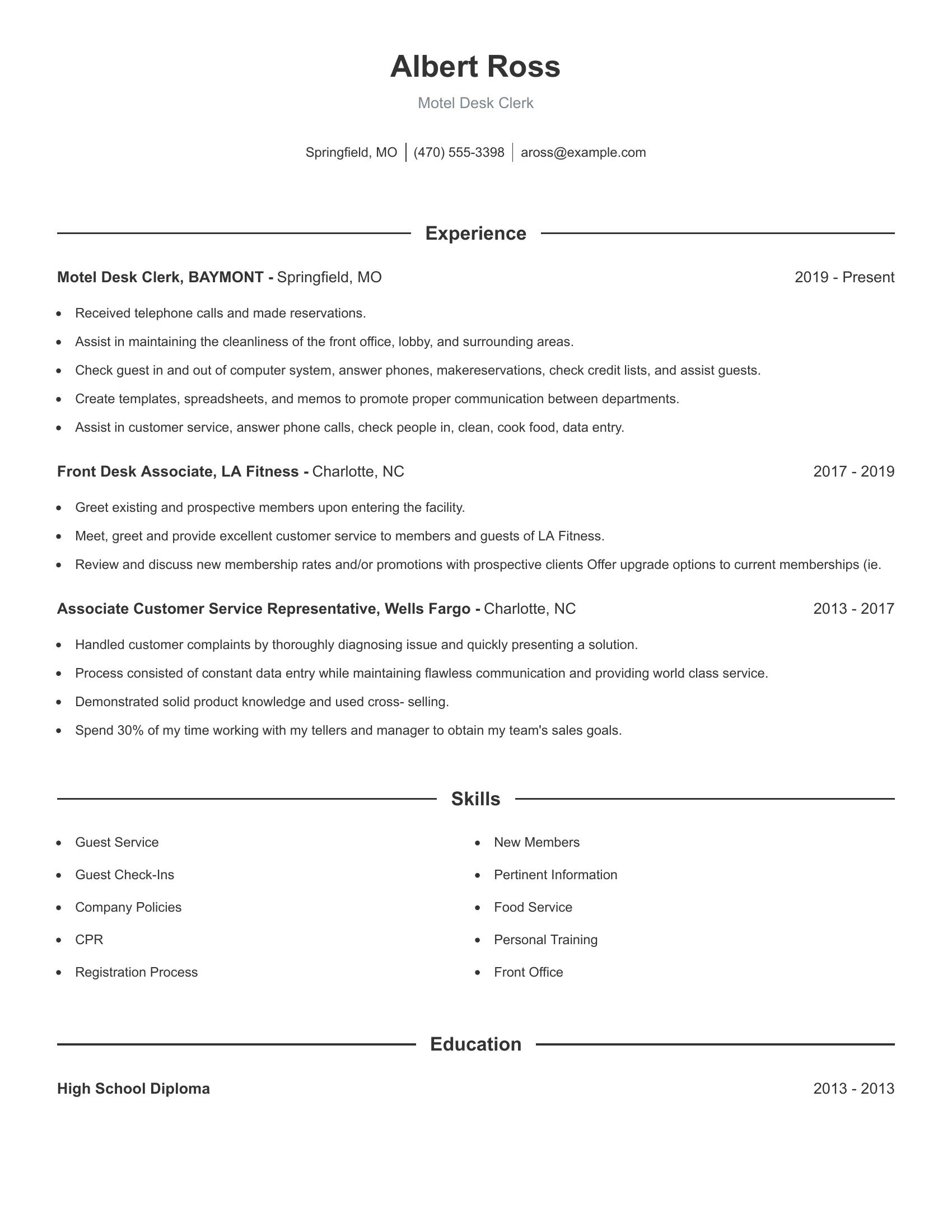 Motel Desk Clerk resume example