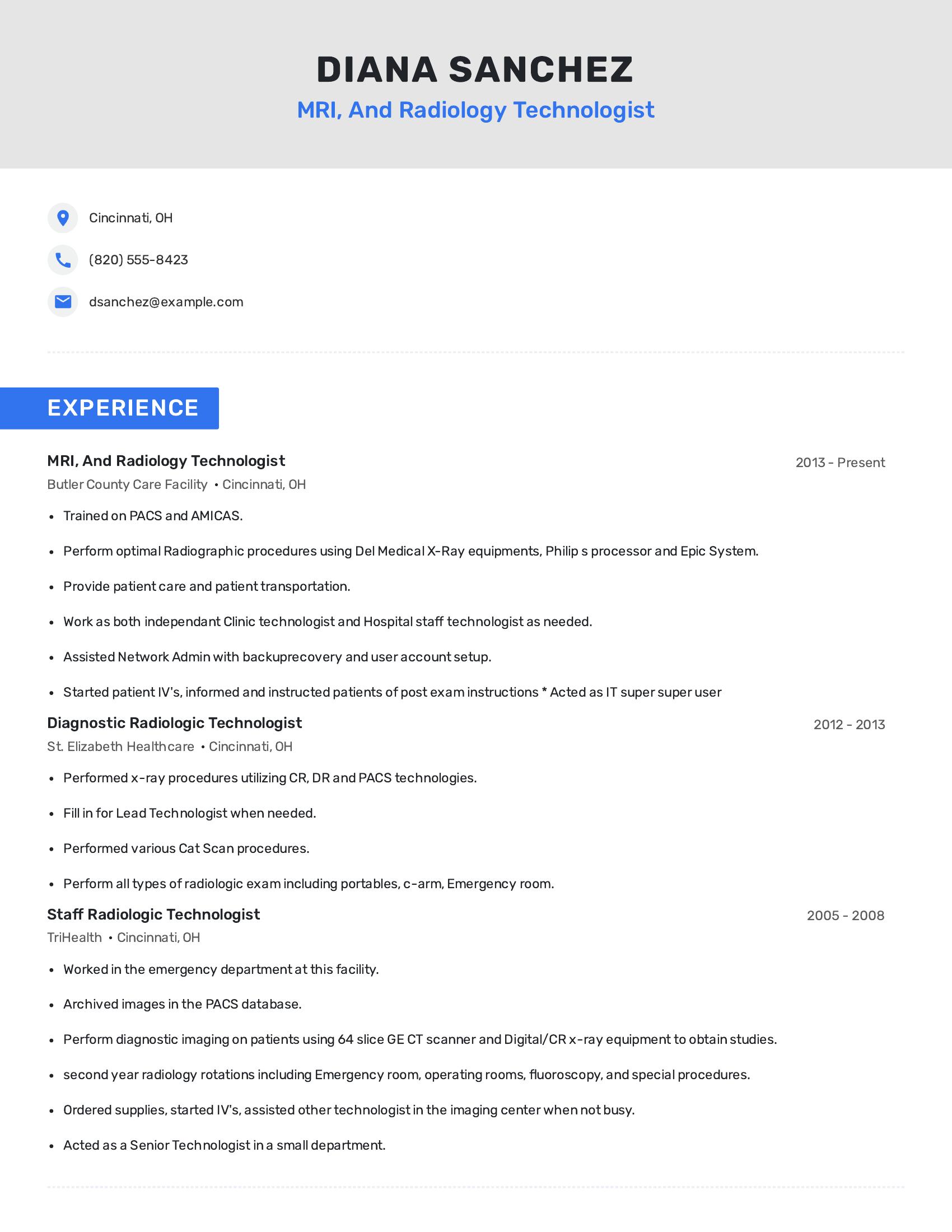 MRI, And Radiology Technologist resume example