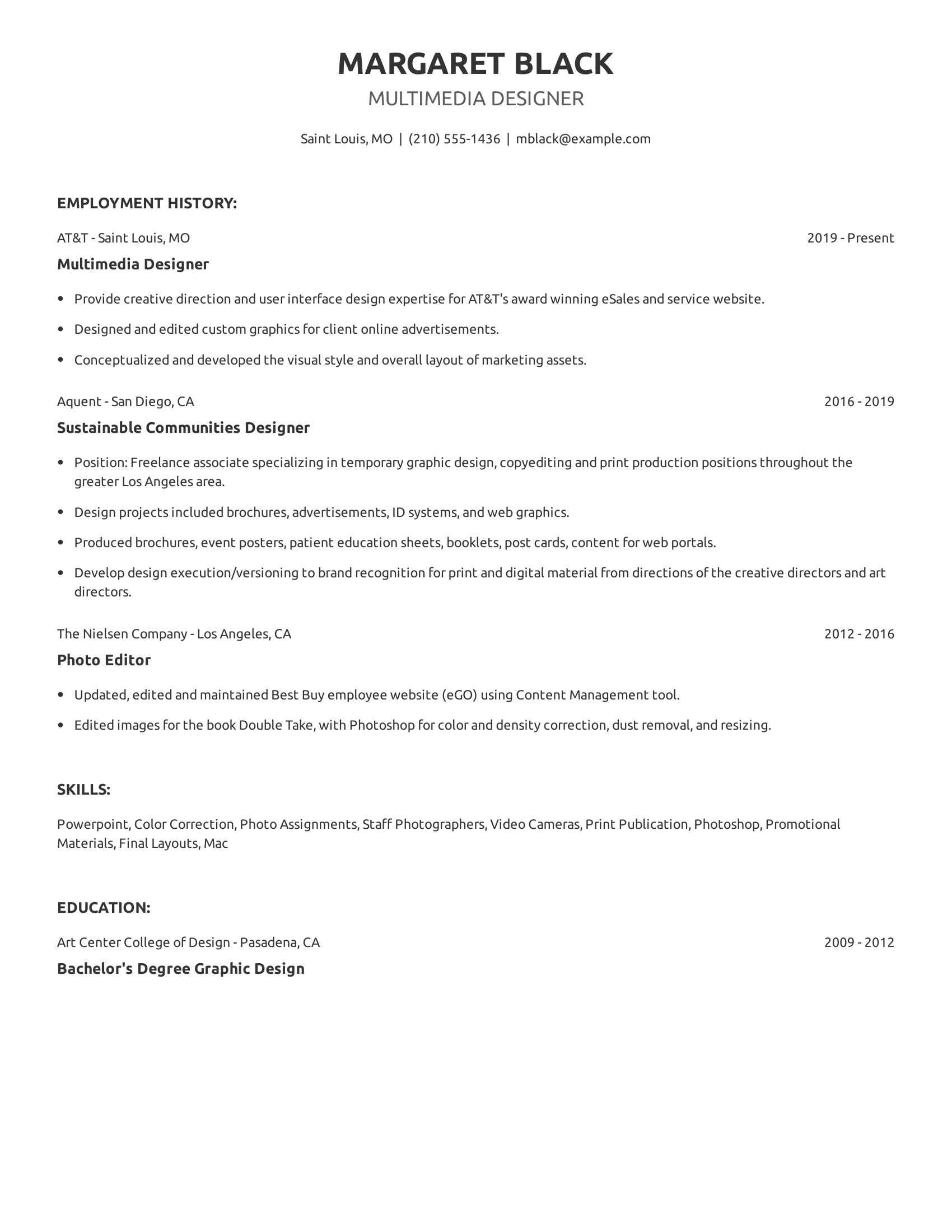 Multimedia Designer resume example