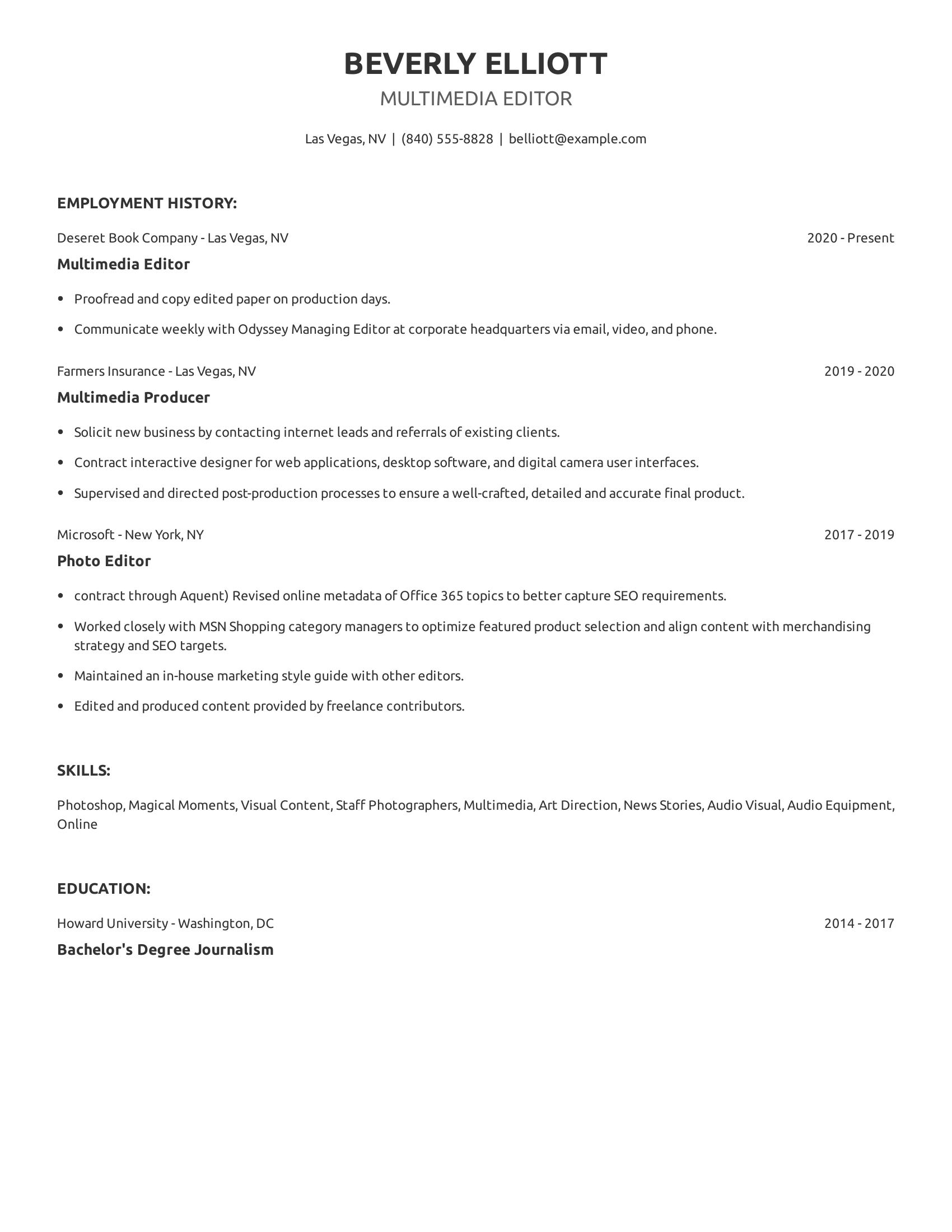 Multimedia Editor resume example