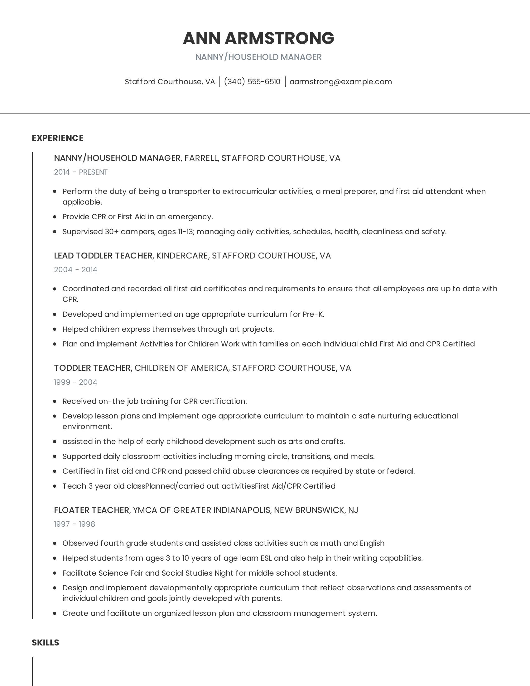 Nanny/Household Manager resume example