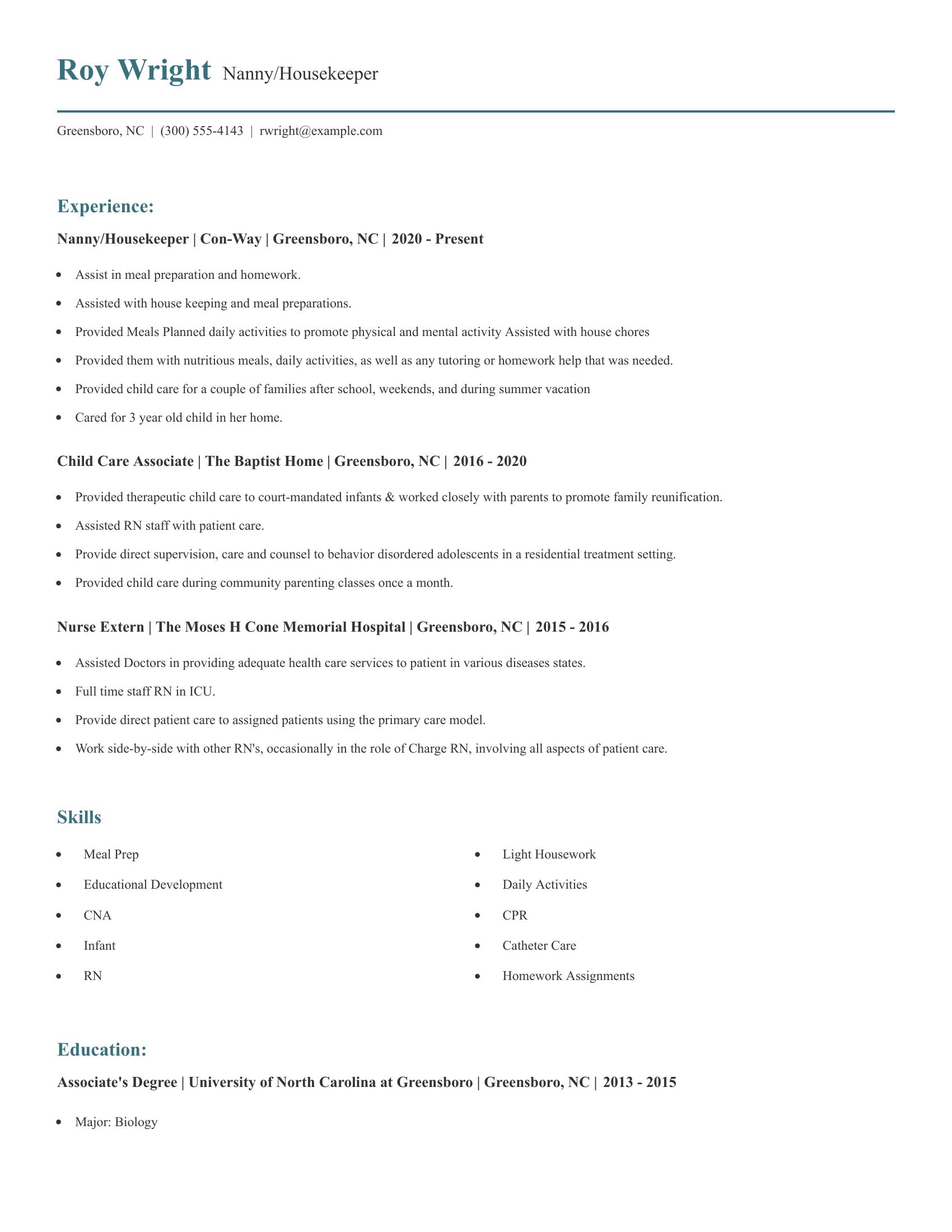 Nanny/Housekeeper resume example