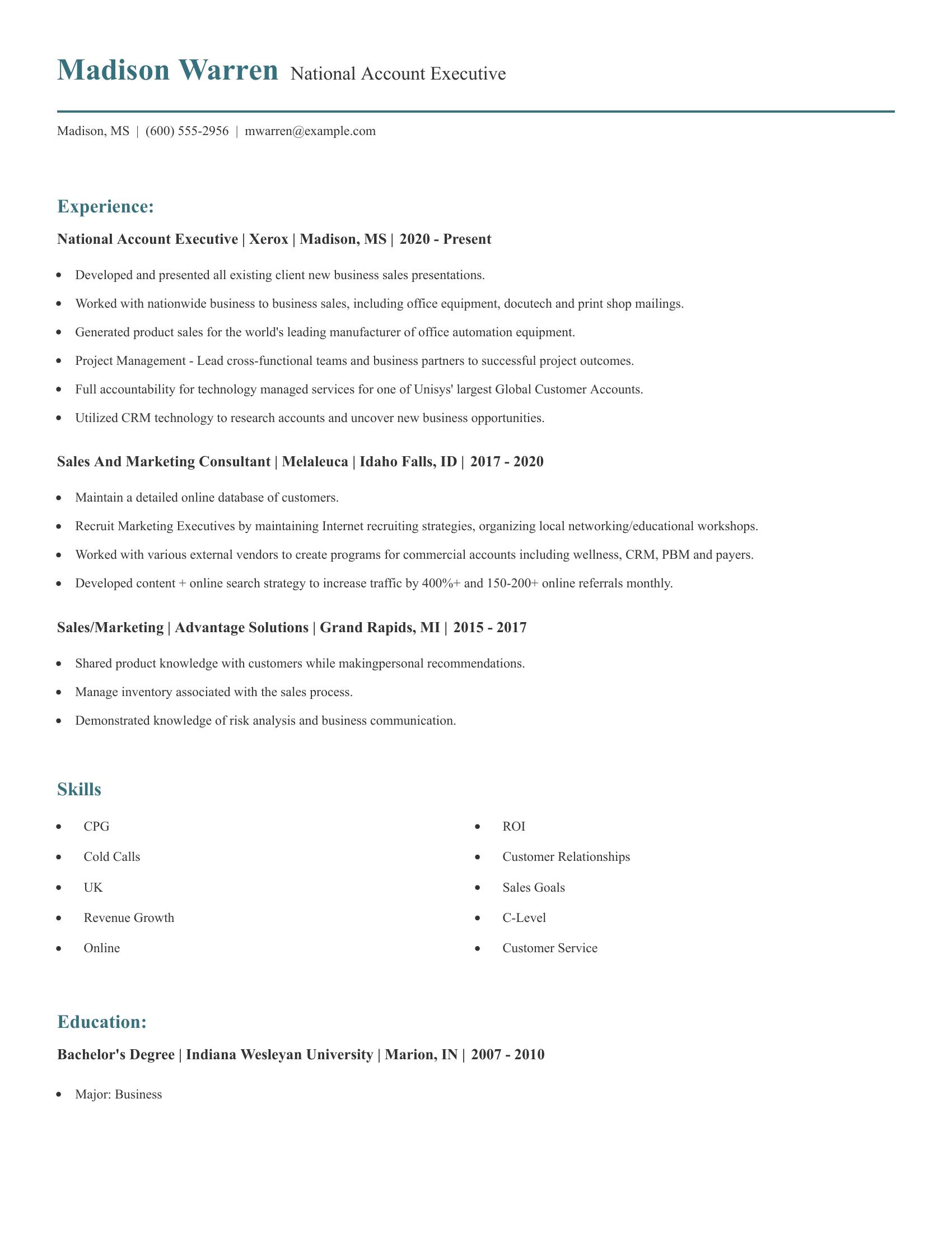 National Account Executive resume example