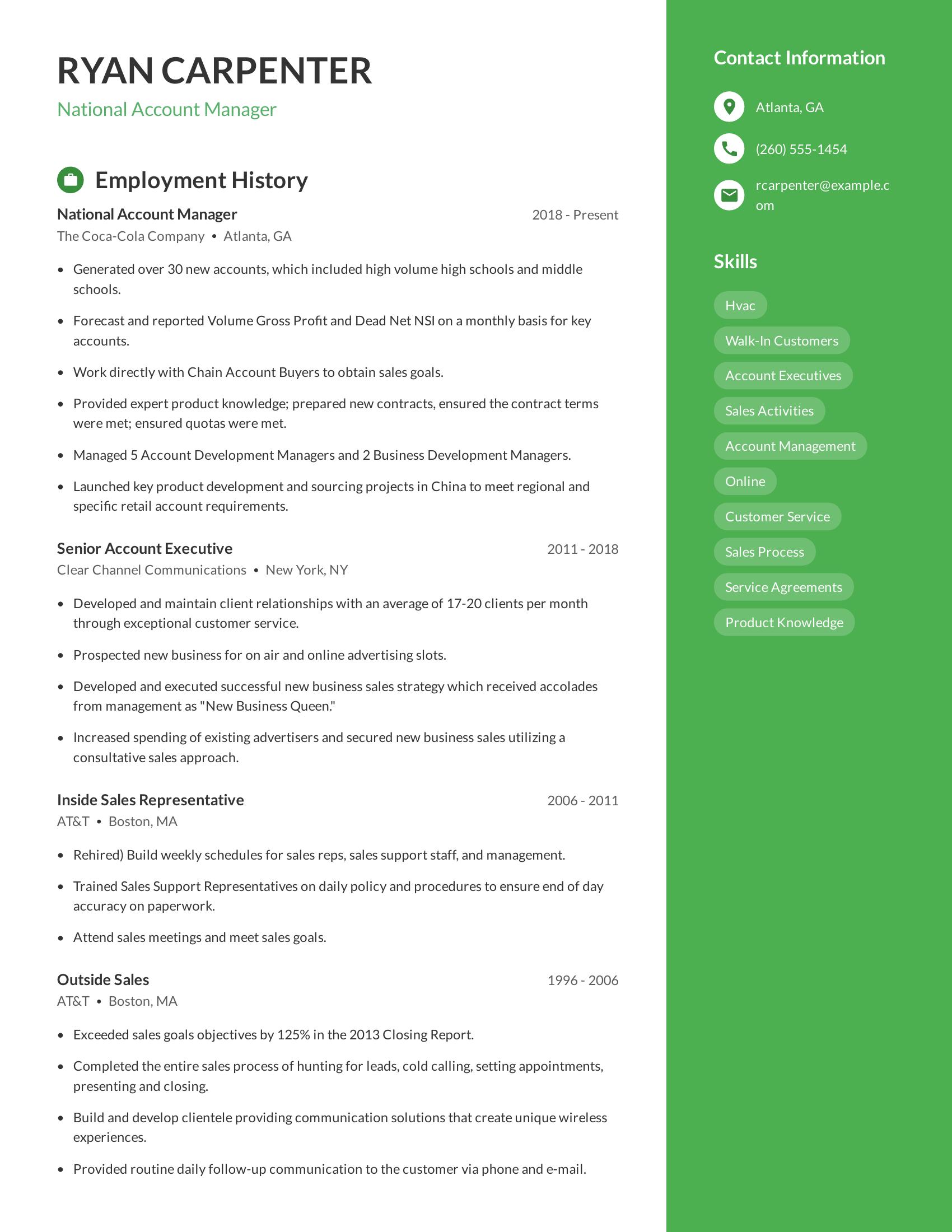 National Account Manager resume example