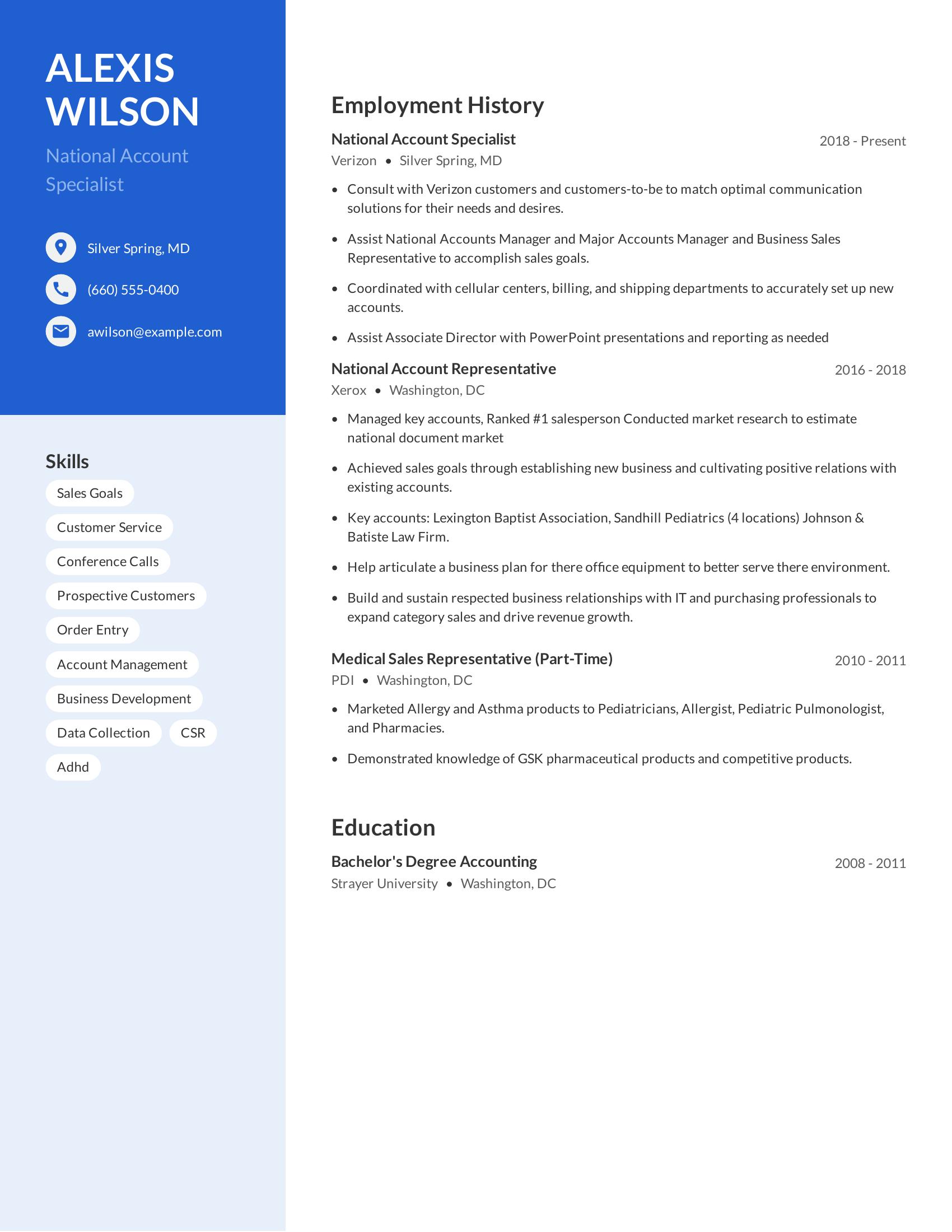 National Account Specialist resume example