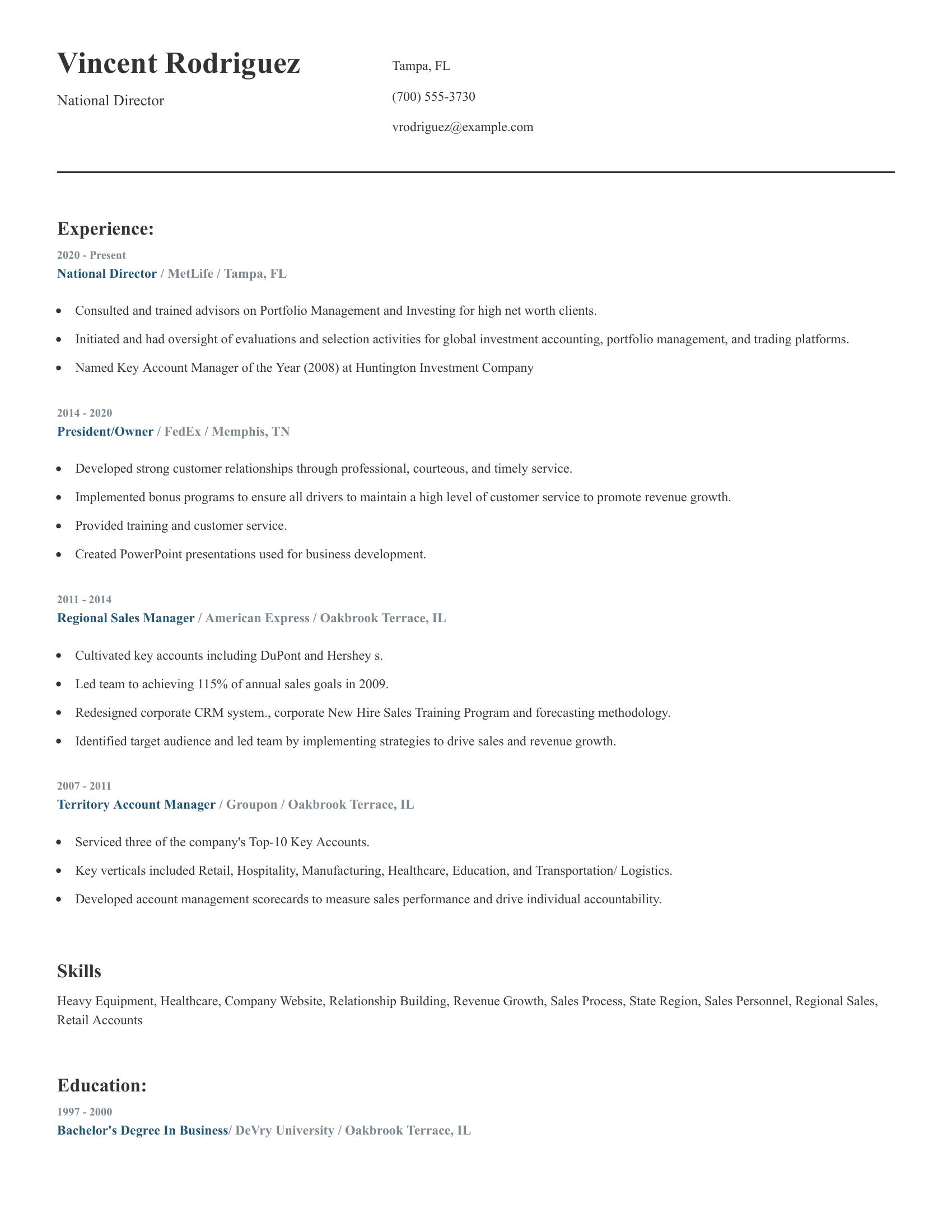 National Director resume example