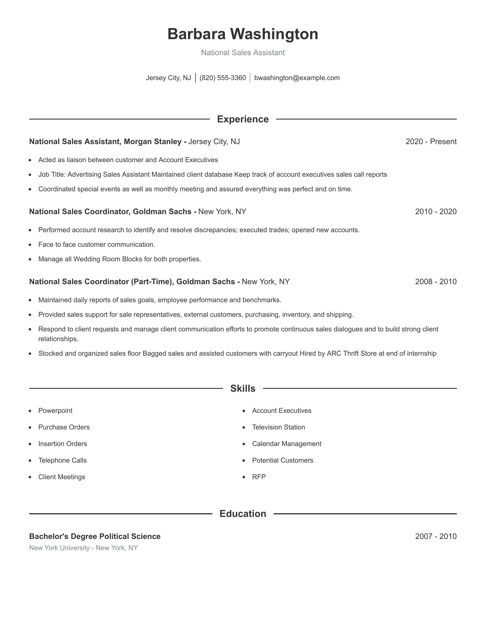 National Sales Assistant resume example