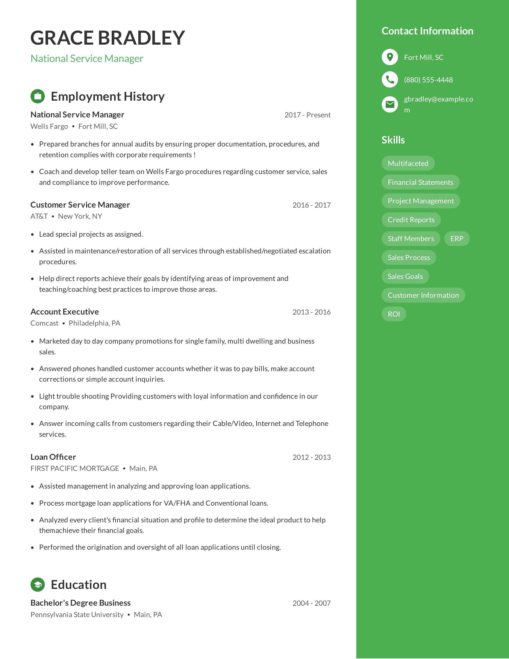 National Service Manager resume example