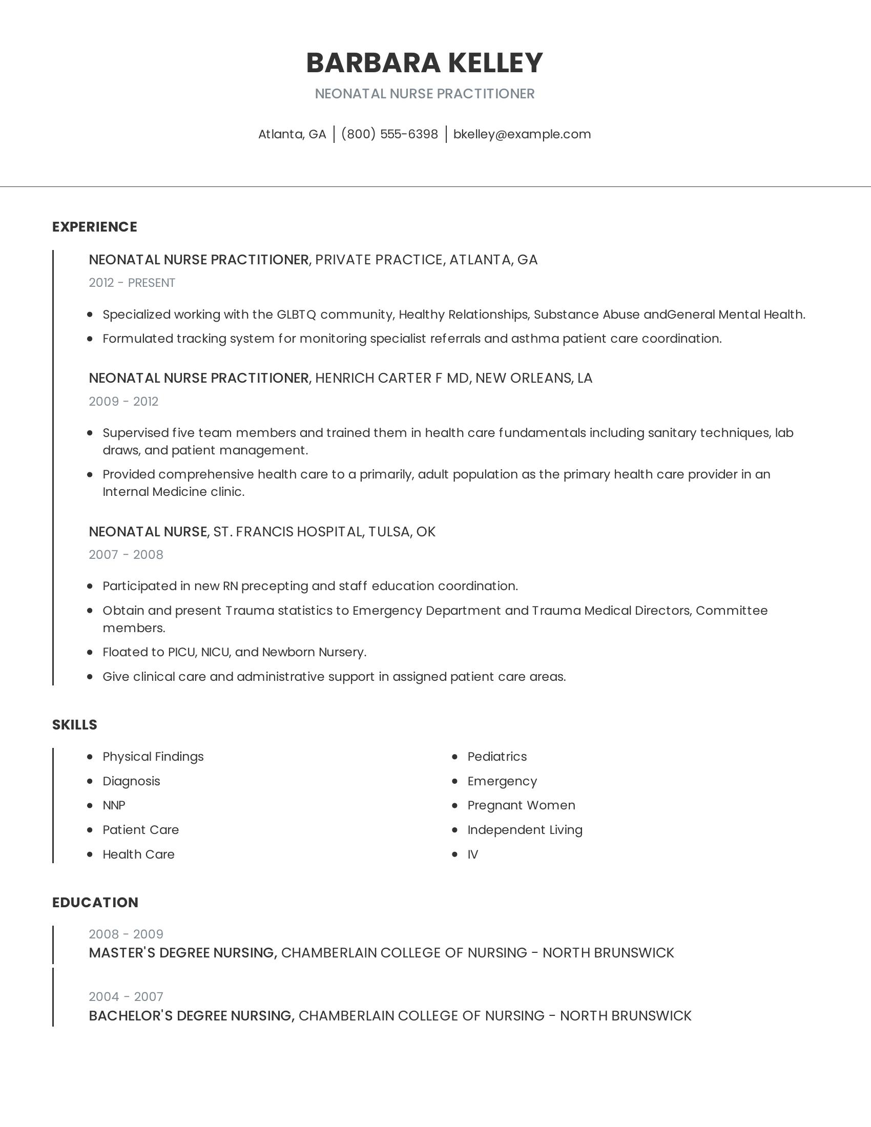 Neonatal Nurse Practitioner resume example