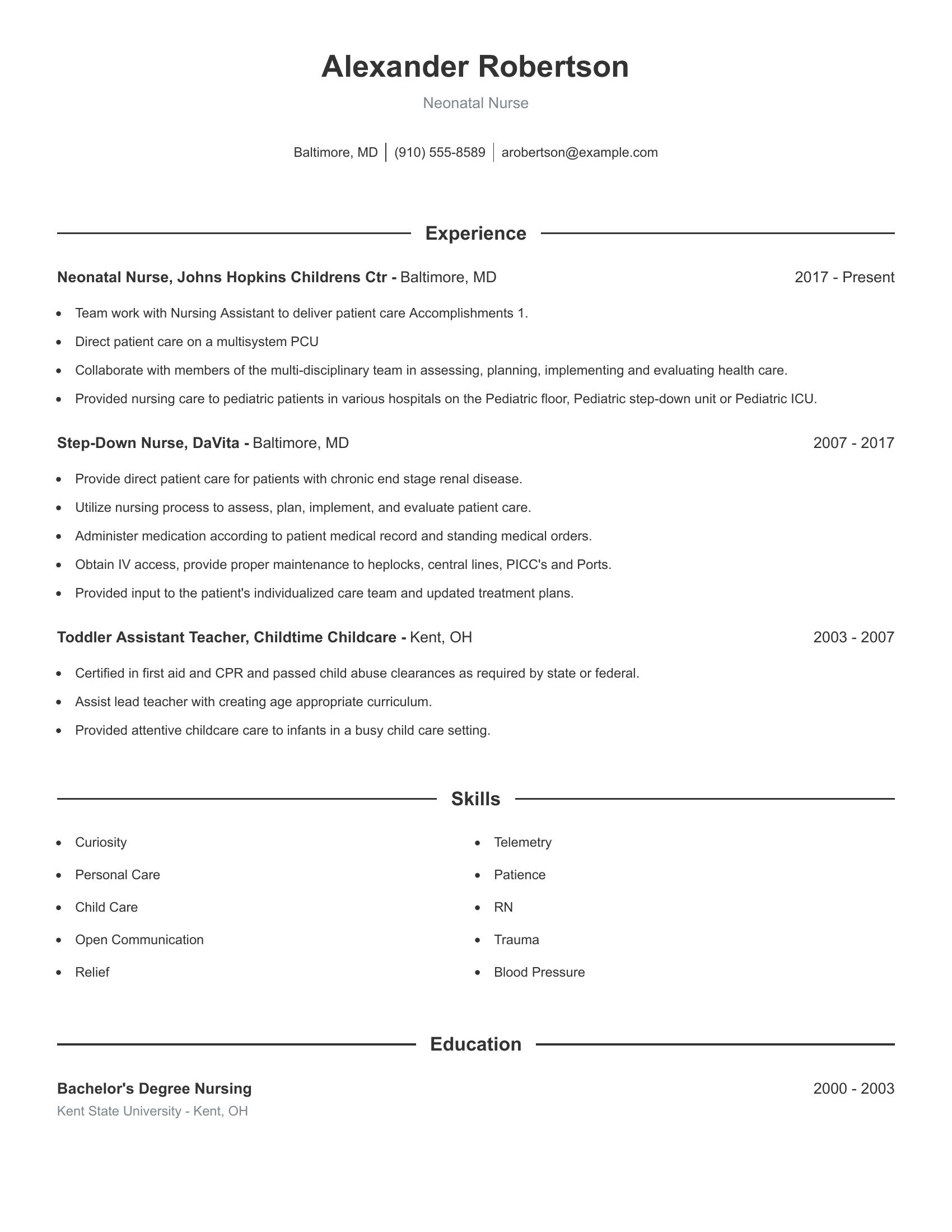 Neonatal Nurse resume example