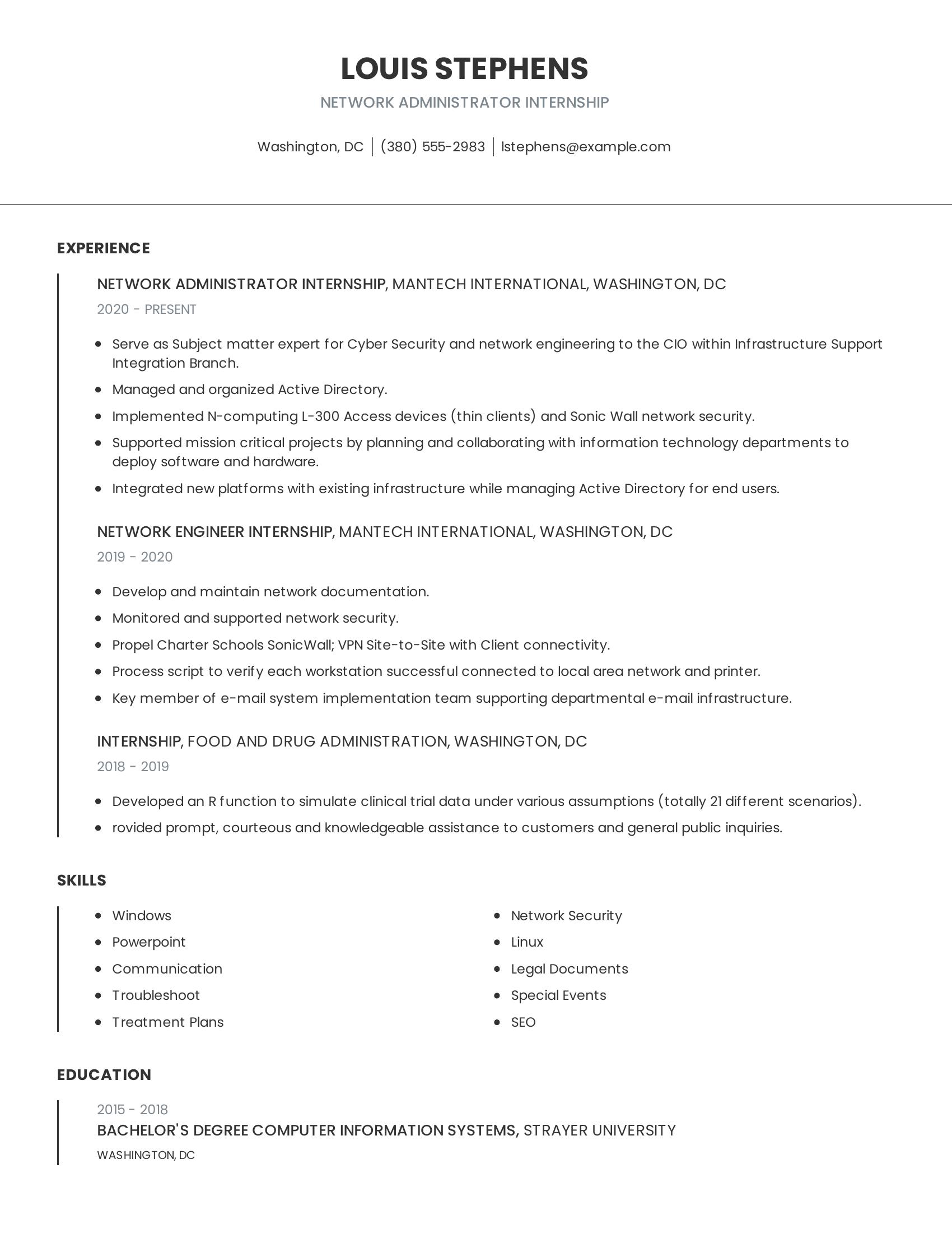 Network Administrator Internship resume example