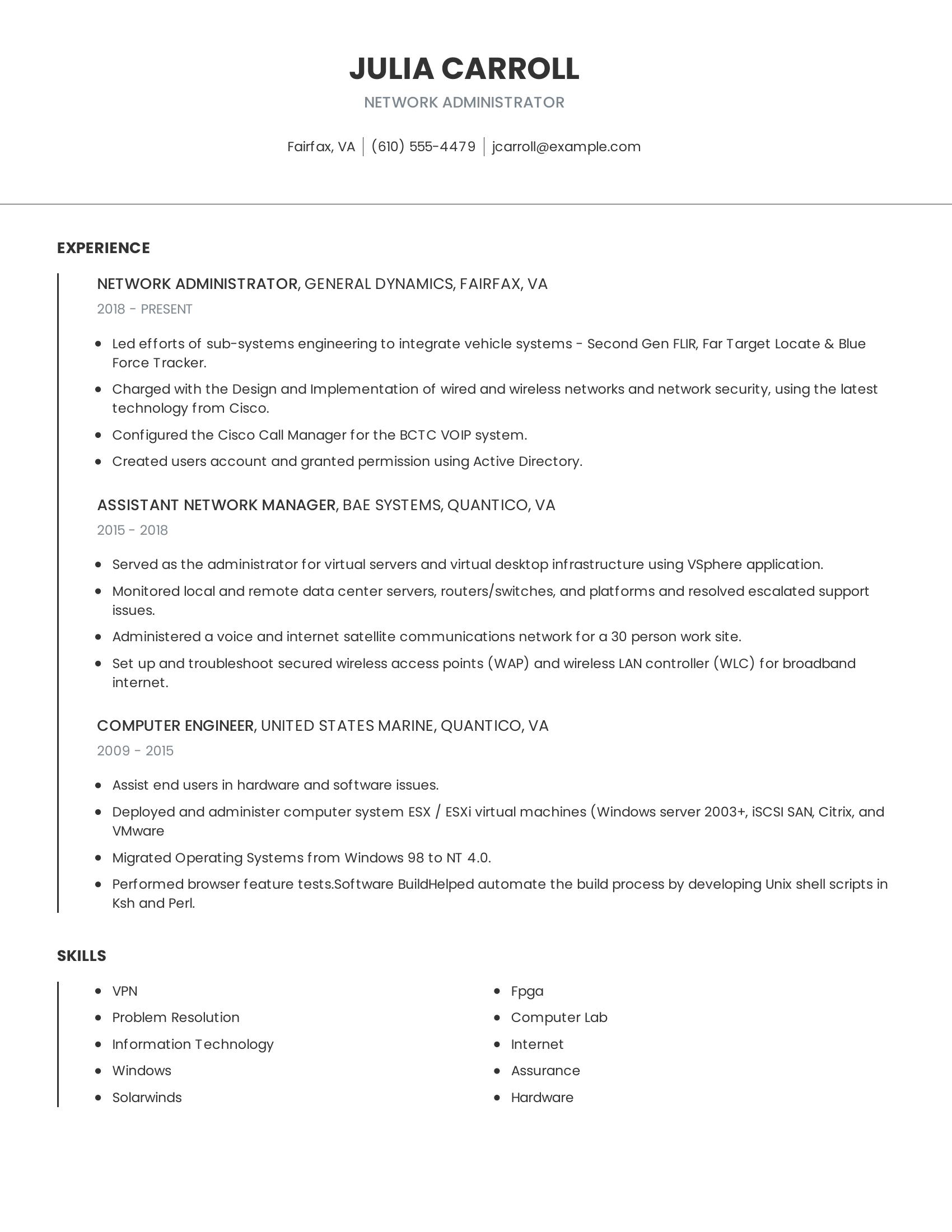 Network Administrator resume example