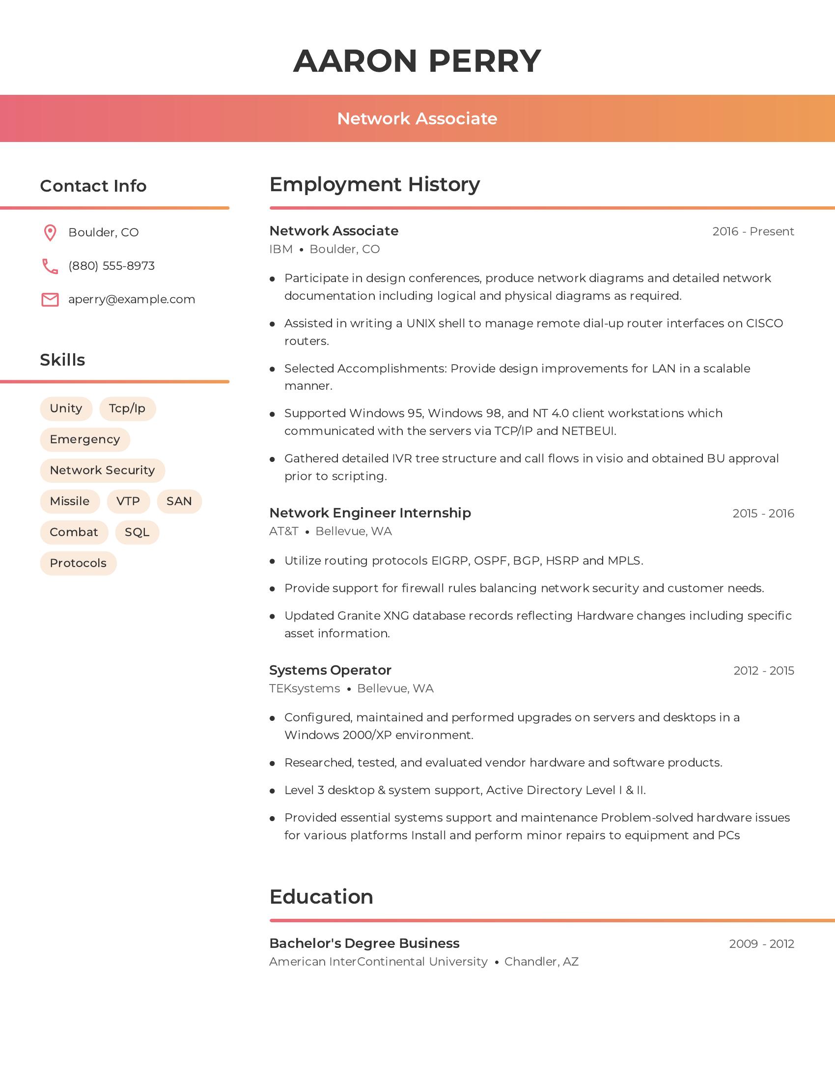 Network Associate resume example