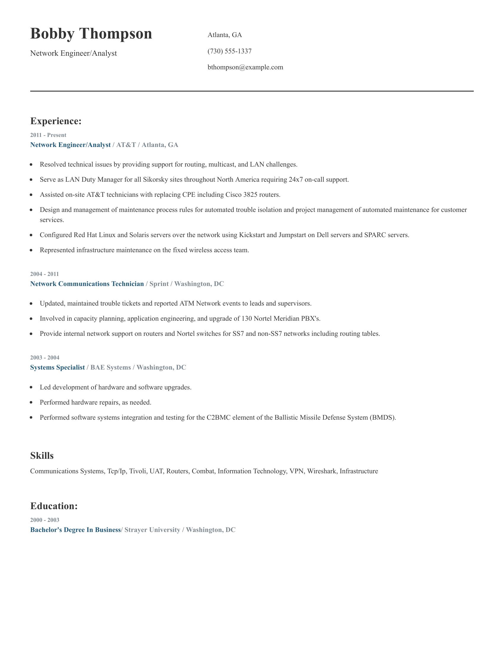 Network Engineer/Analyst resume example