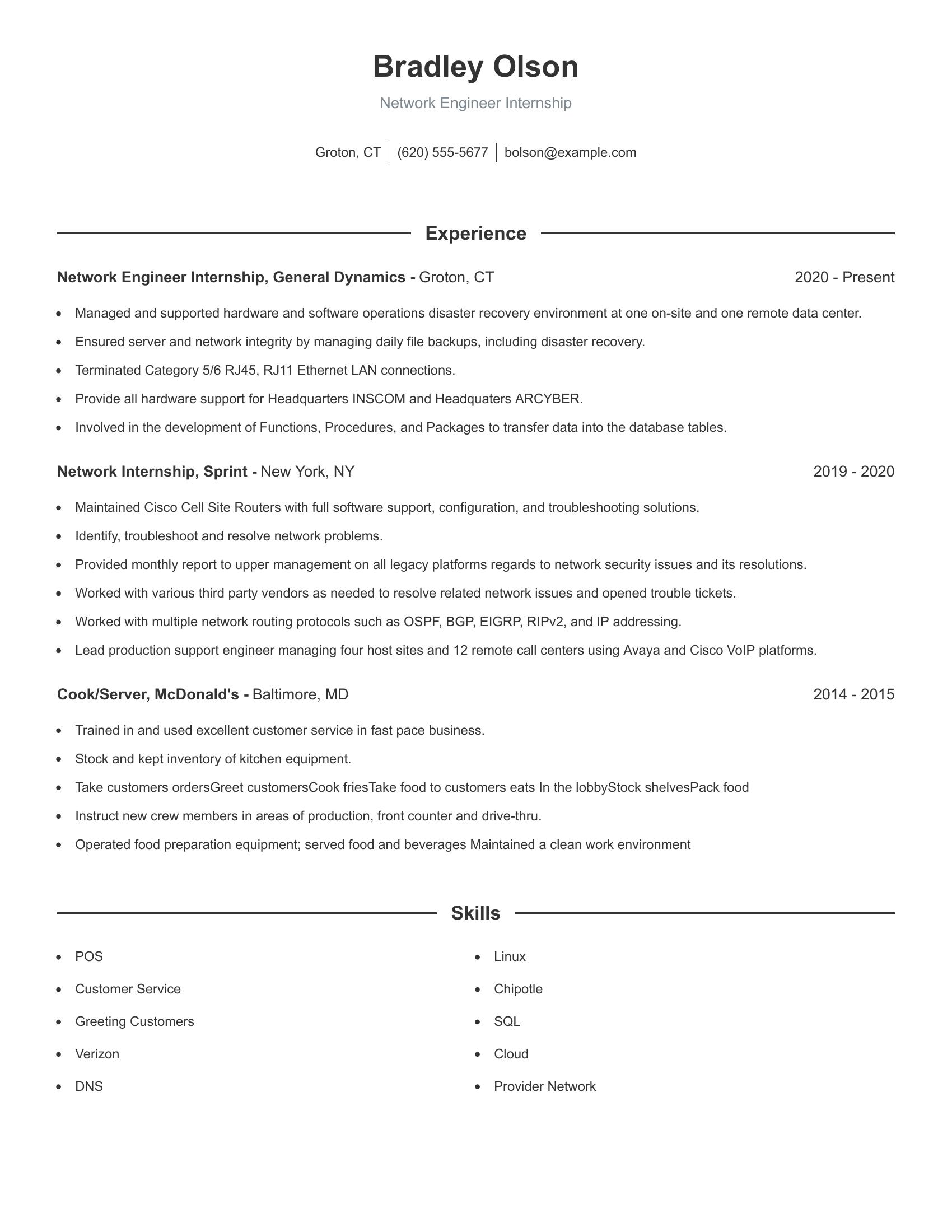 Network Engineer Internship resume example