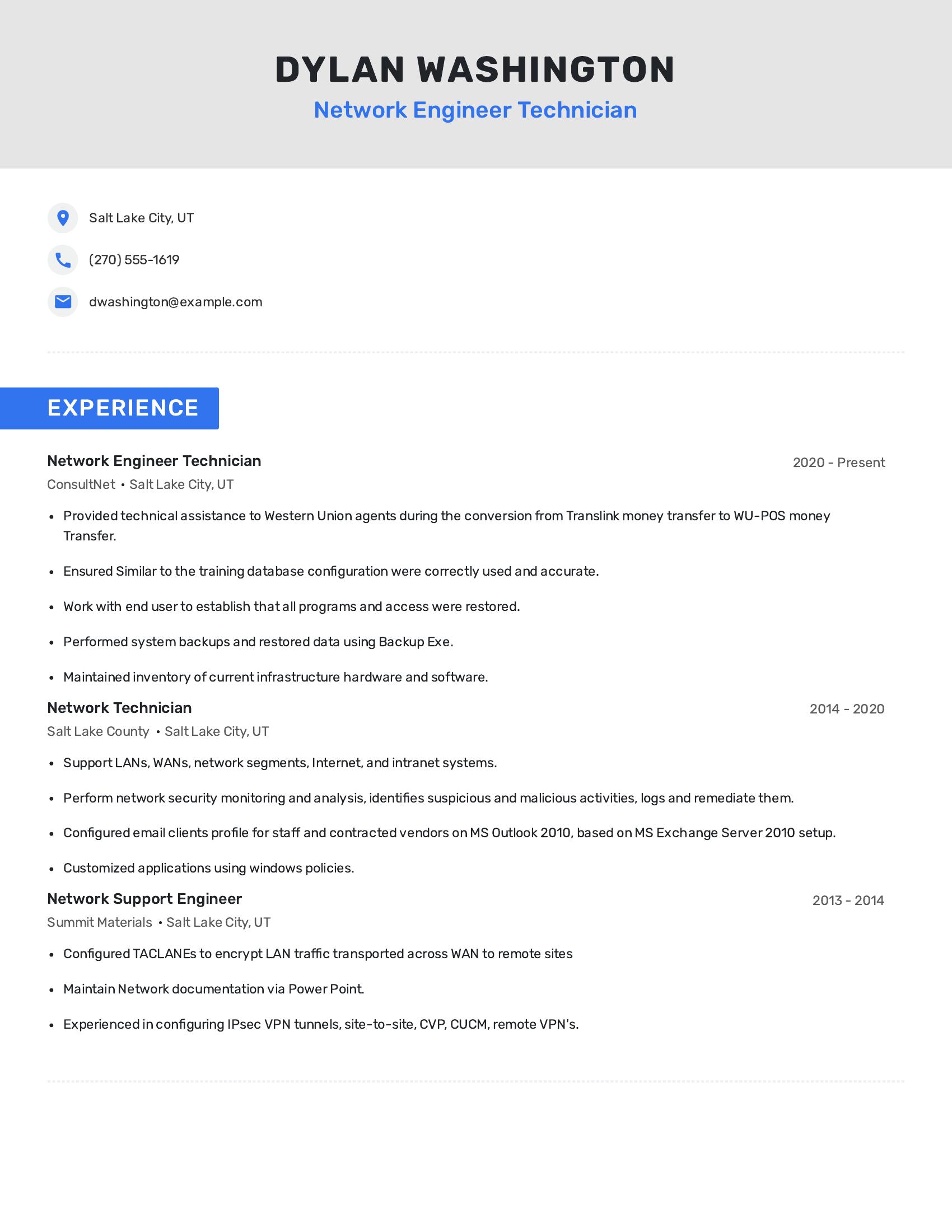 Network Engineer Technician resume example