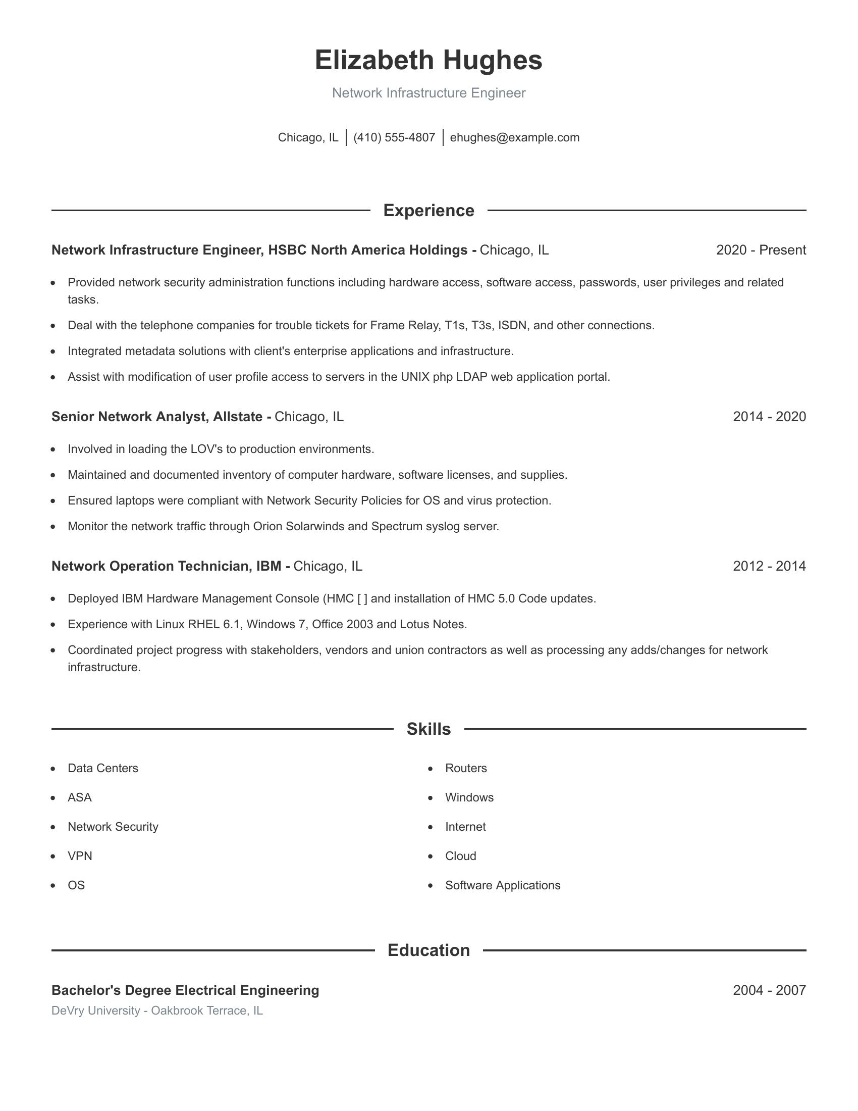 Network Infrastructure Engineer resume example