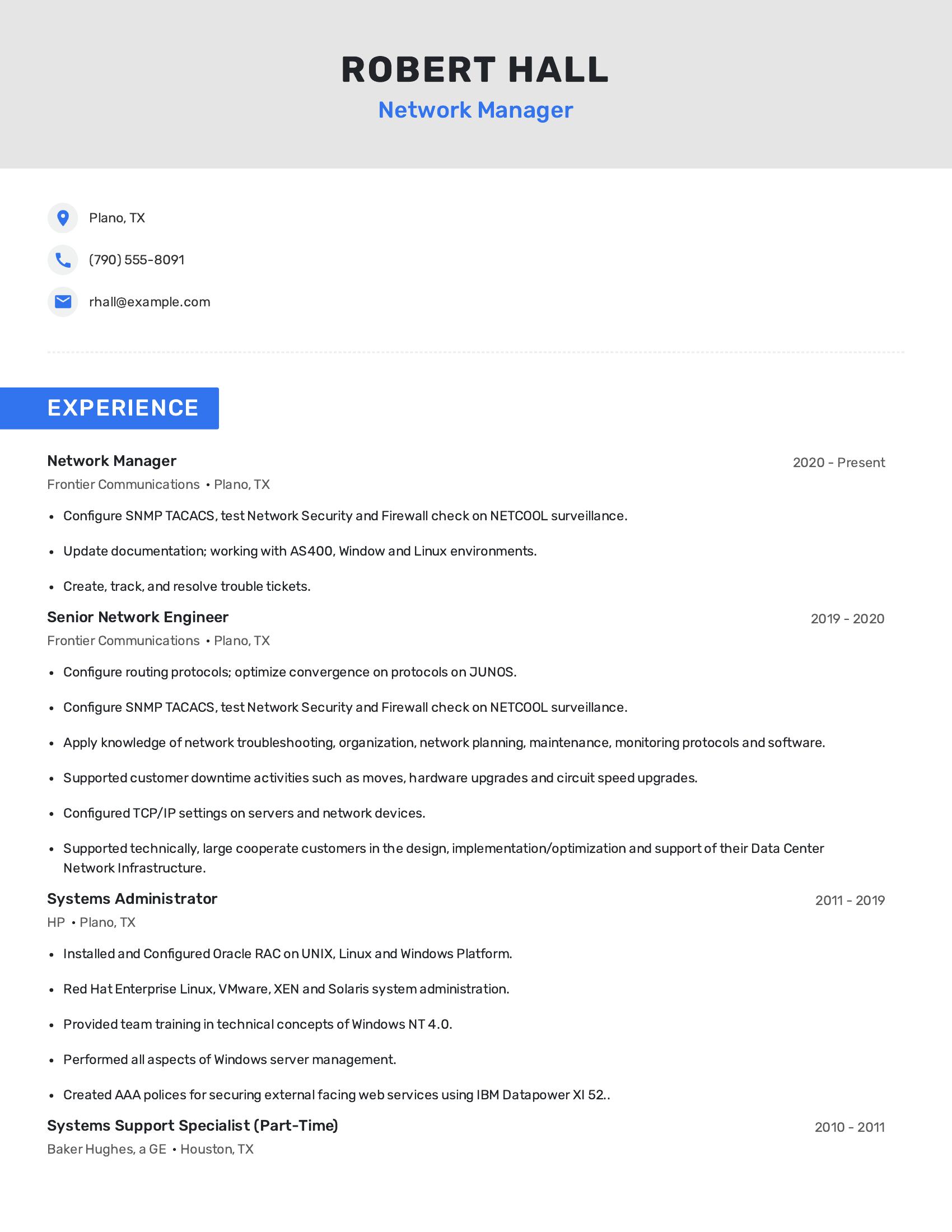 Network Manager resume example