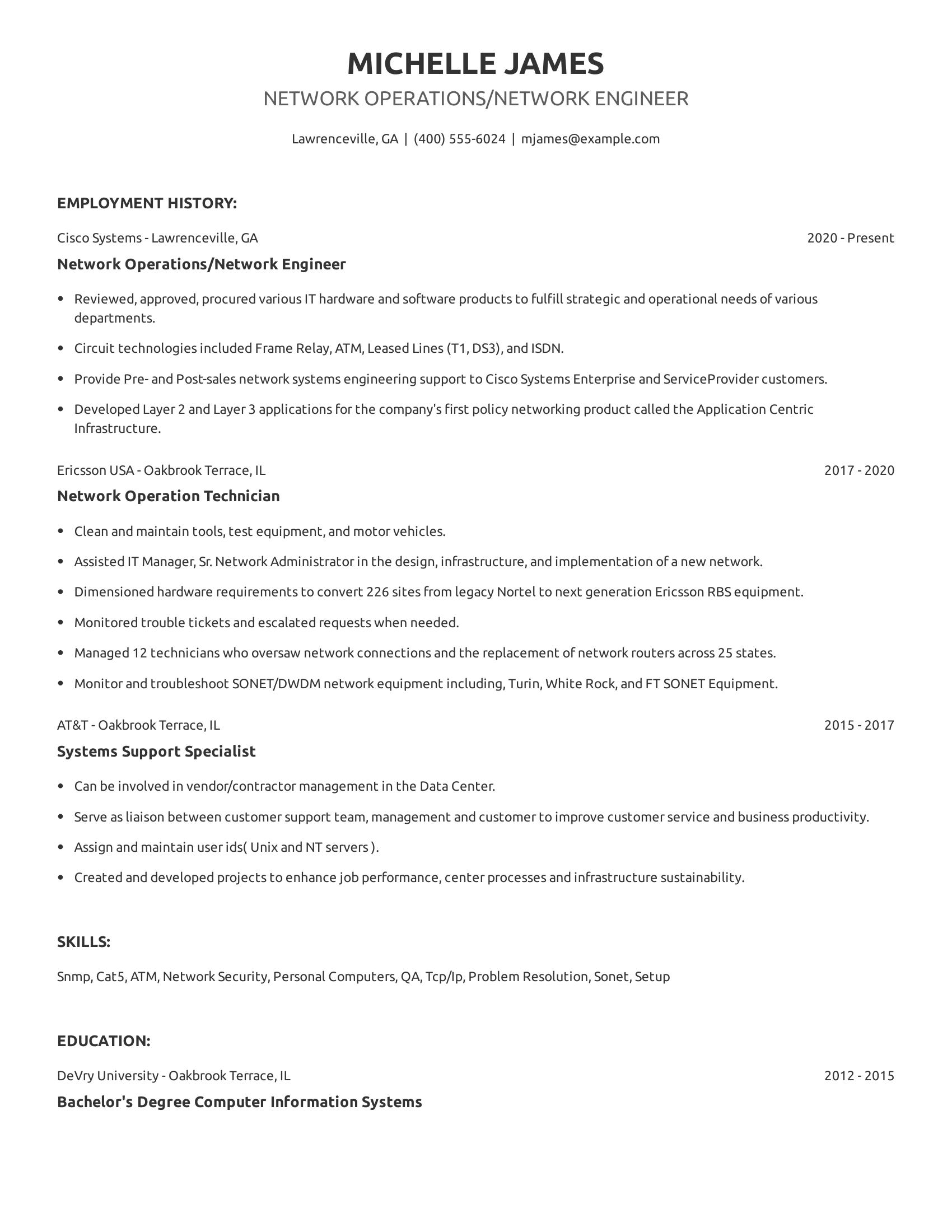 Network Operations/Network Engineer resume example