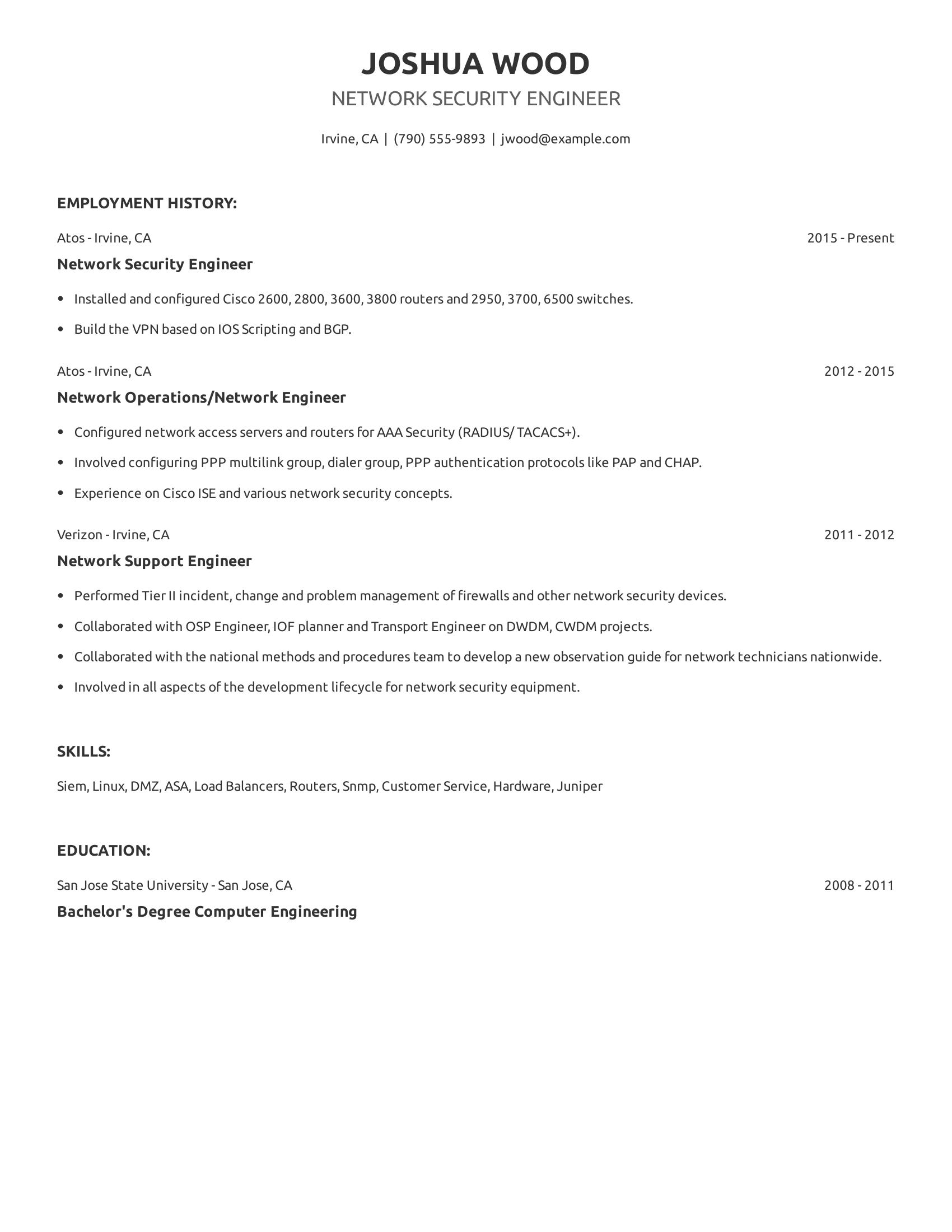 Network Security Engineer resume example