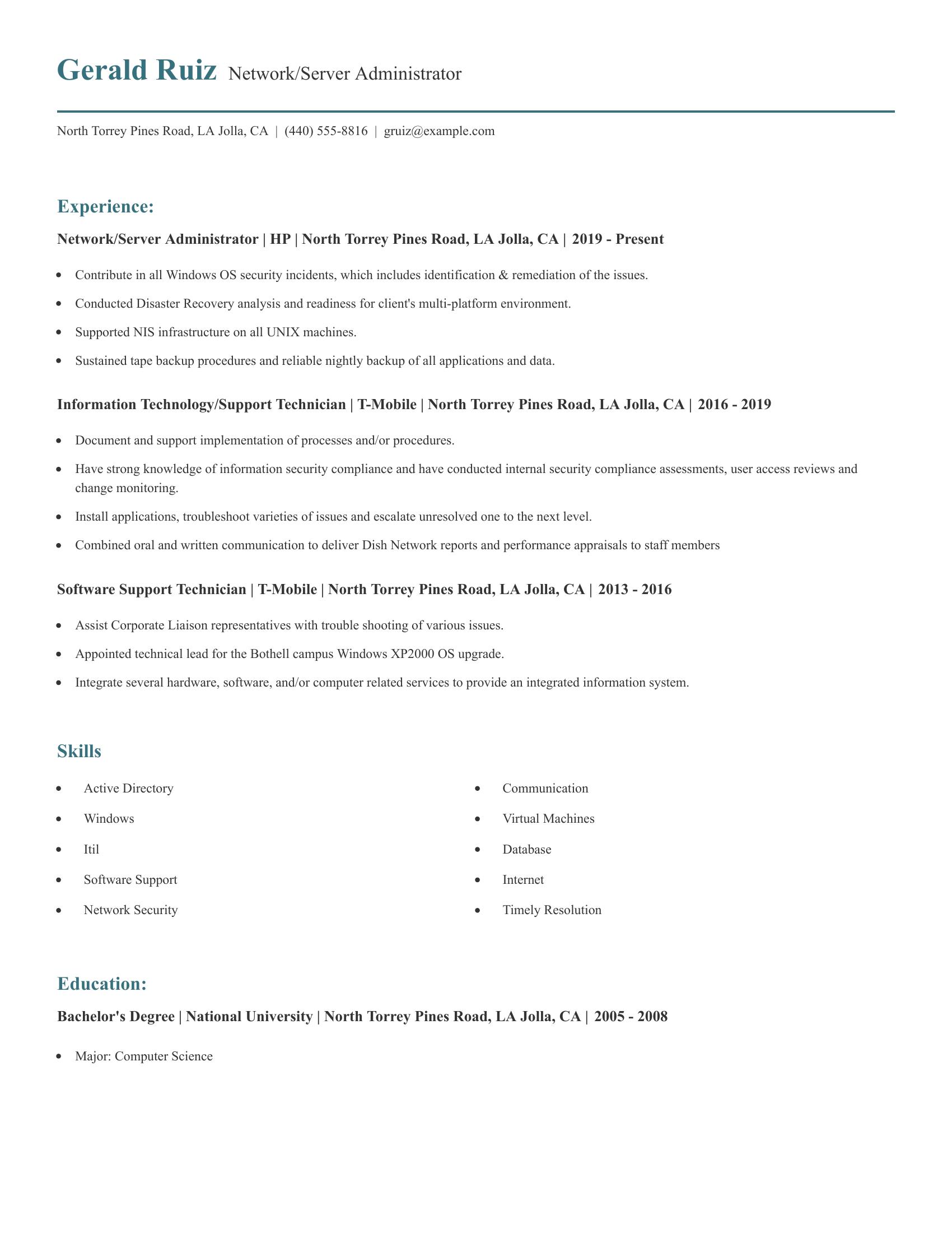 Network/Server Administrator resume example