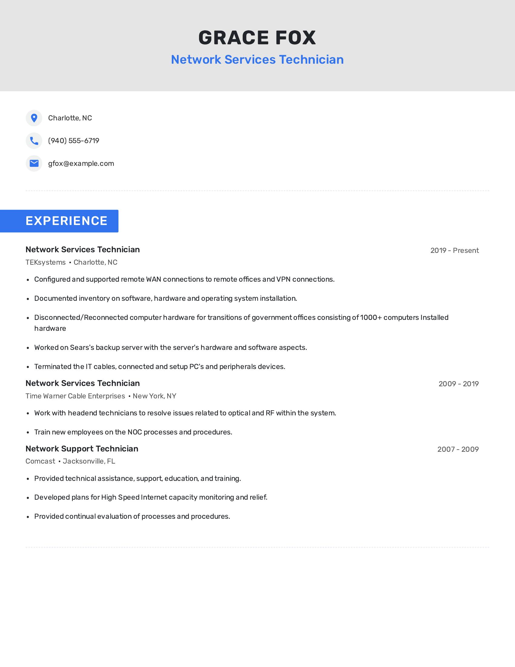Network Services Technician resume example
