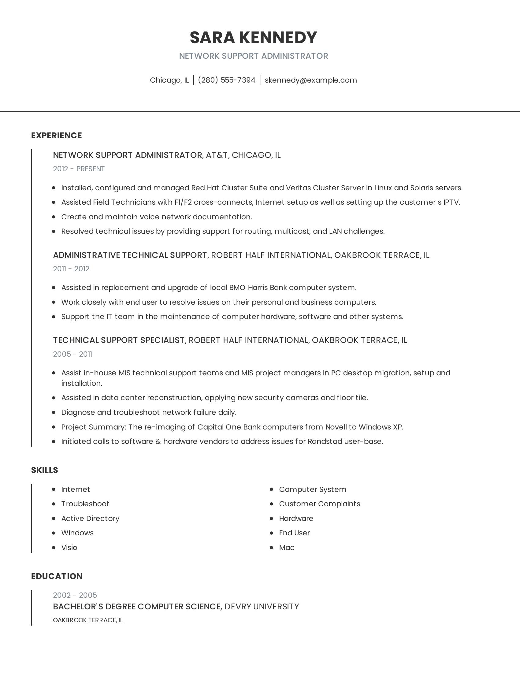 Network Support Administrator resume example